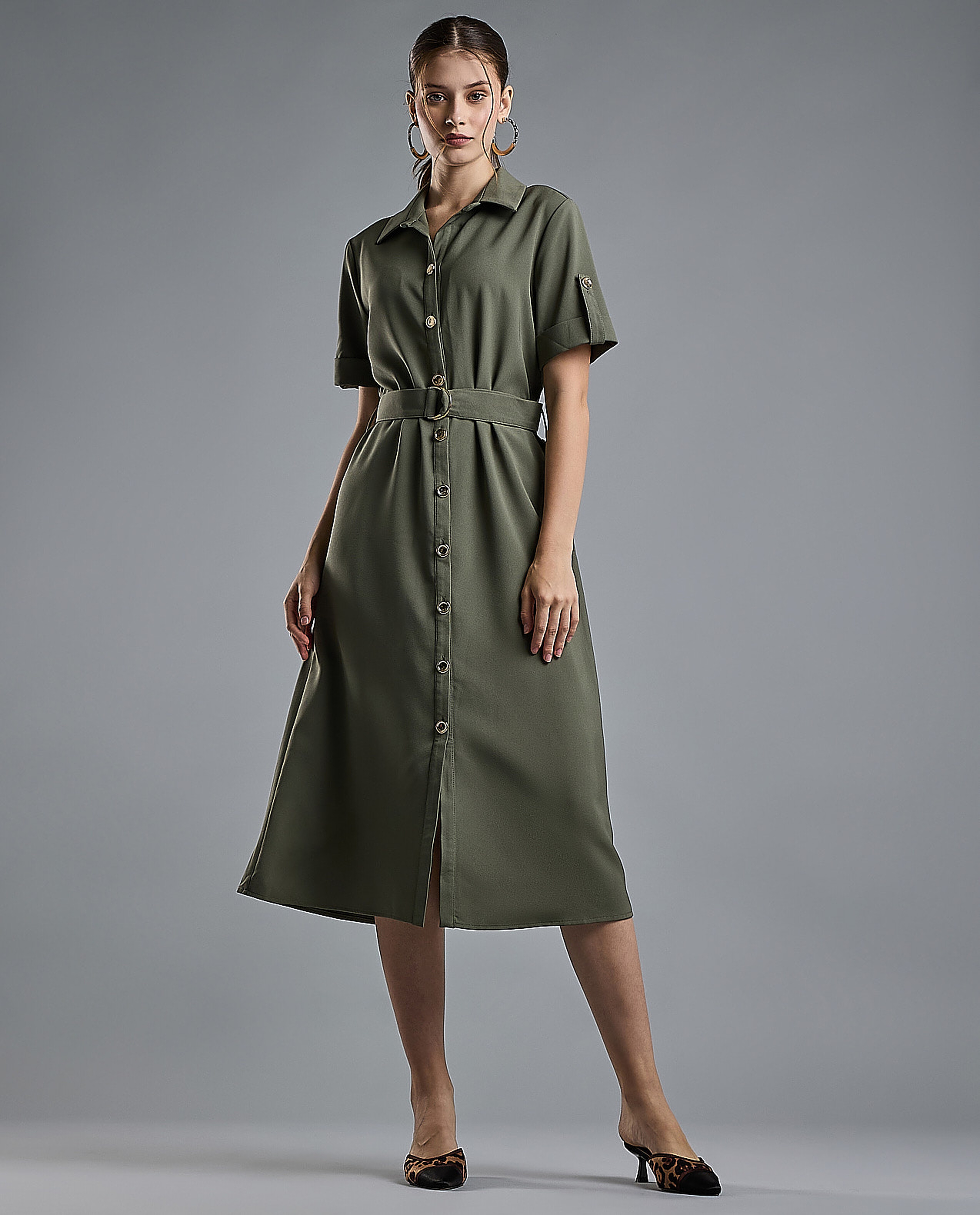 Solid Shirt Dress with Short Sleeves