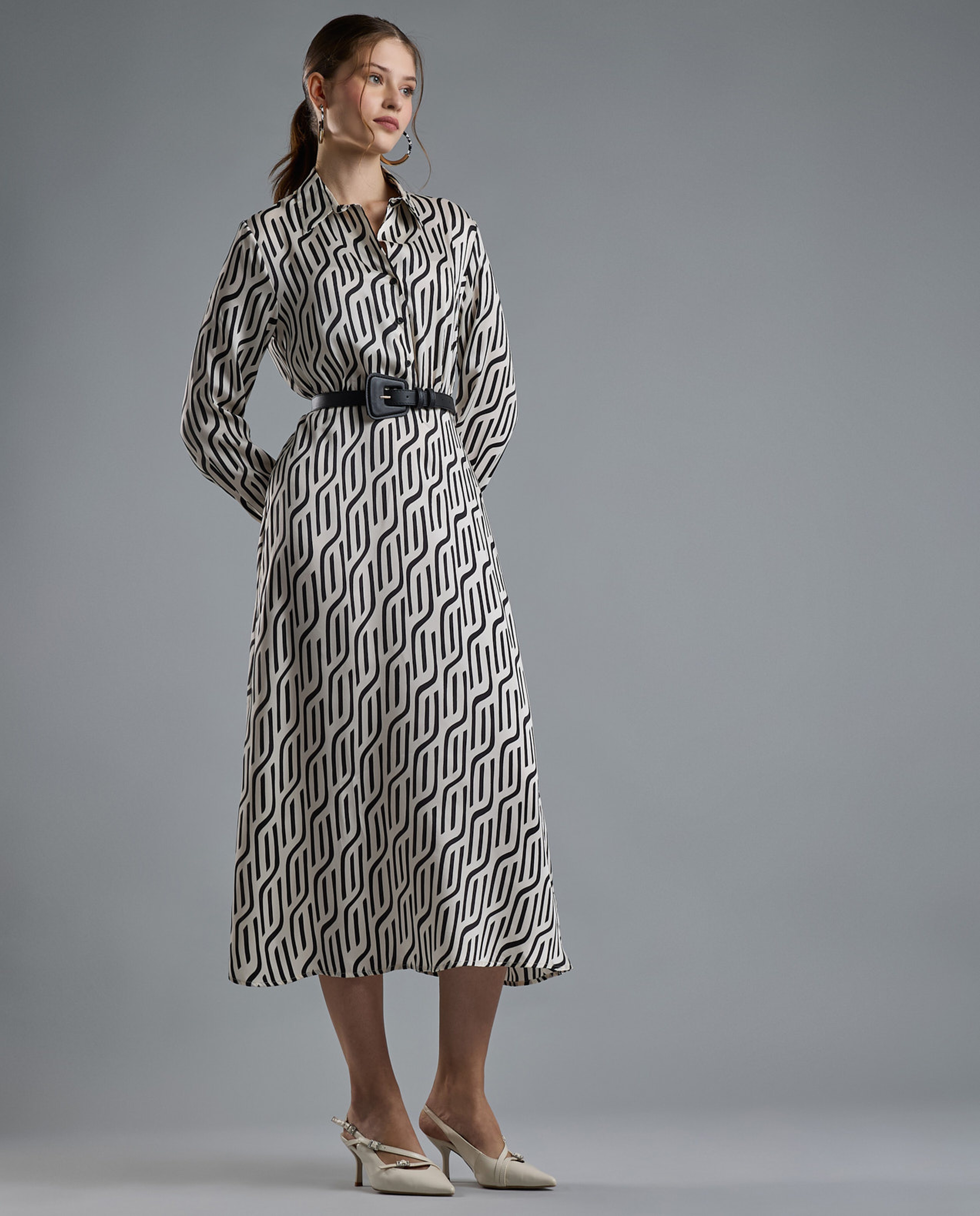 Patterned Shirt Dress with Long Sleeves