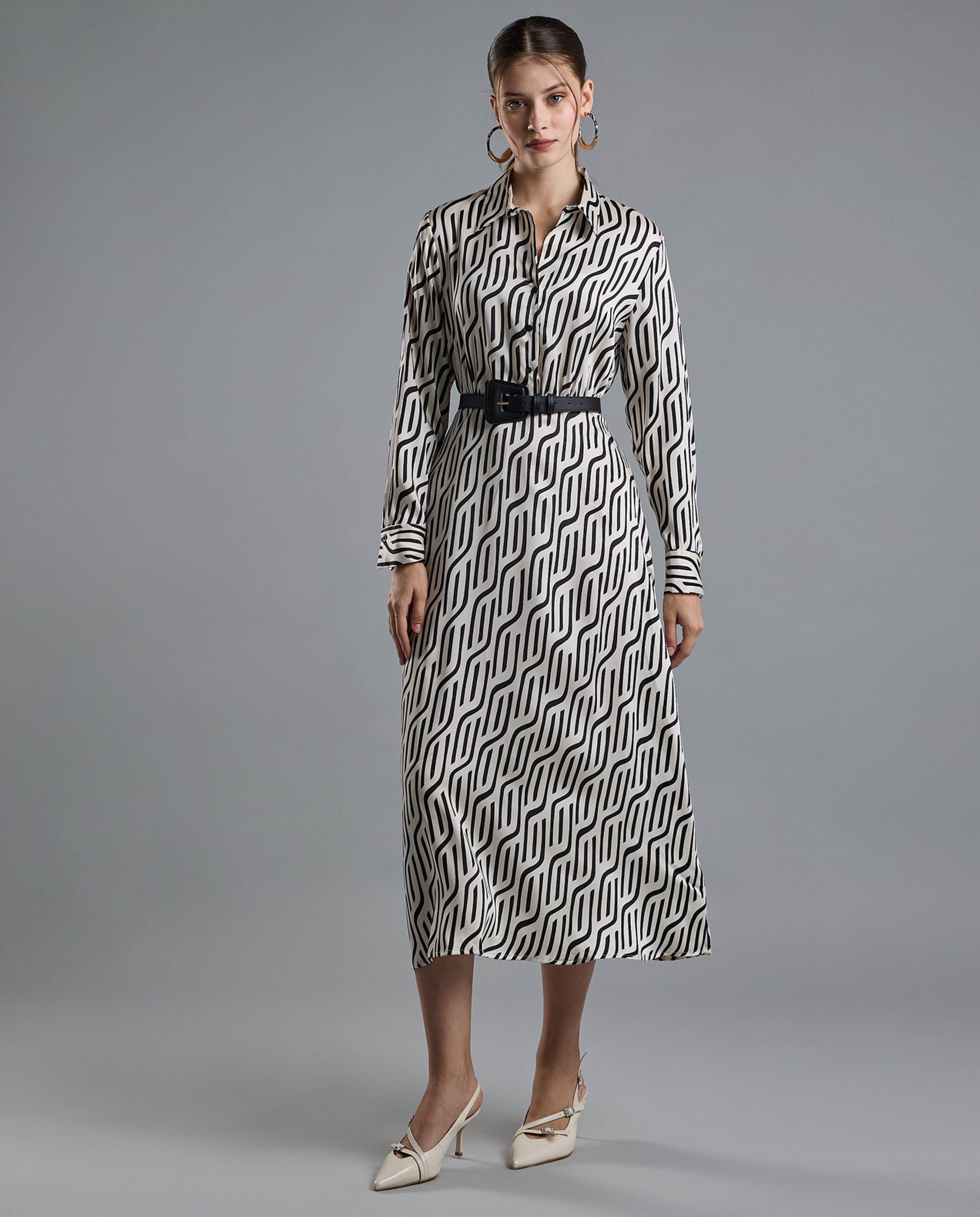 Patterned Shirt Dress with Long Sleeves