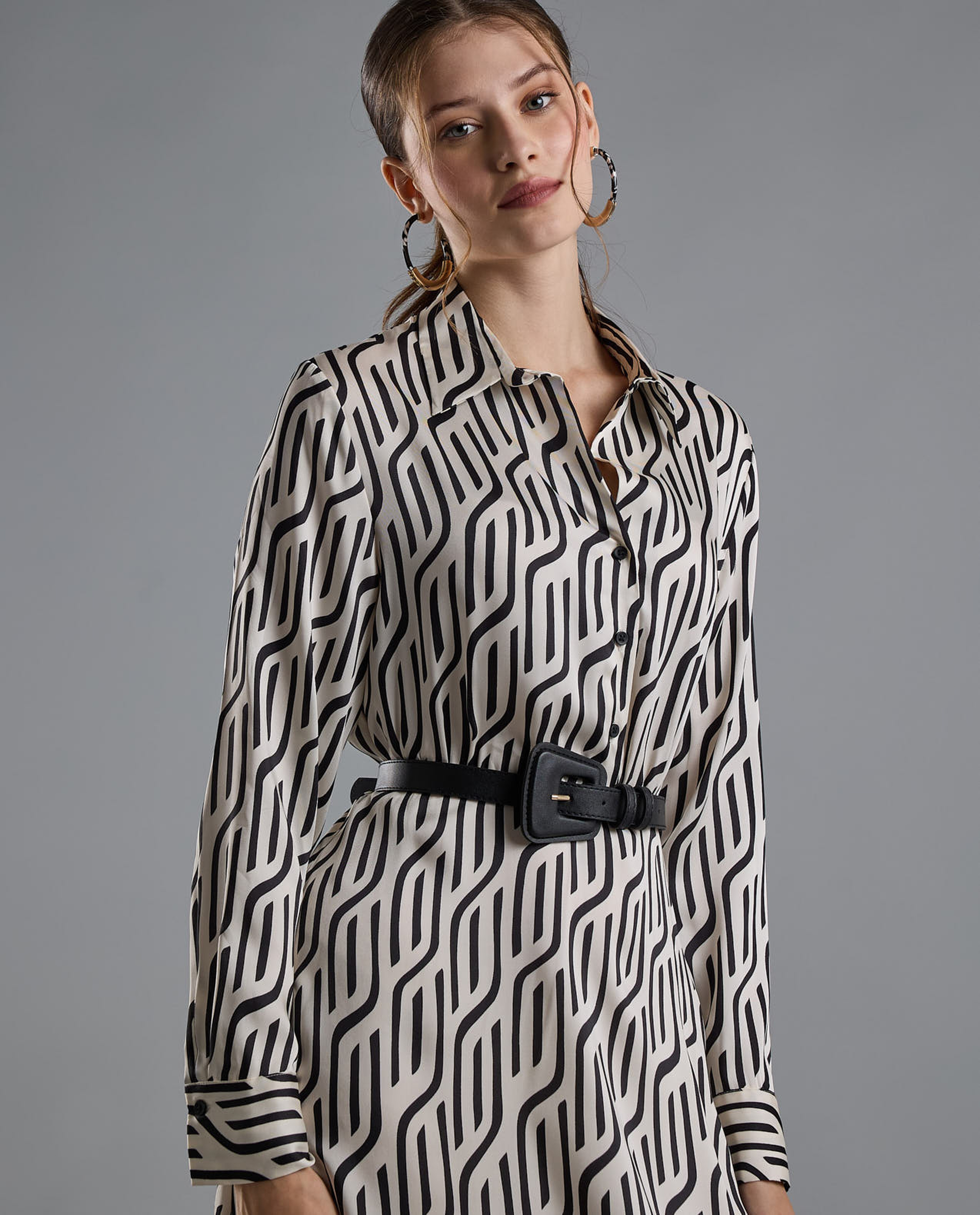 Patterned Shirt Dress with Long Sleeves