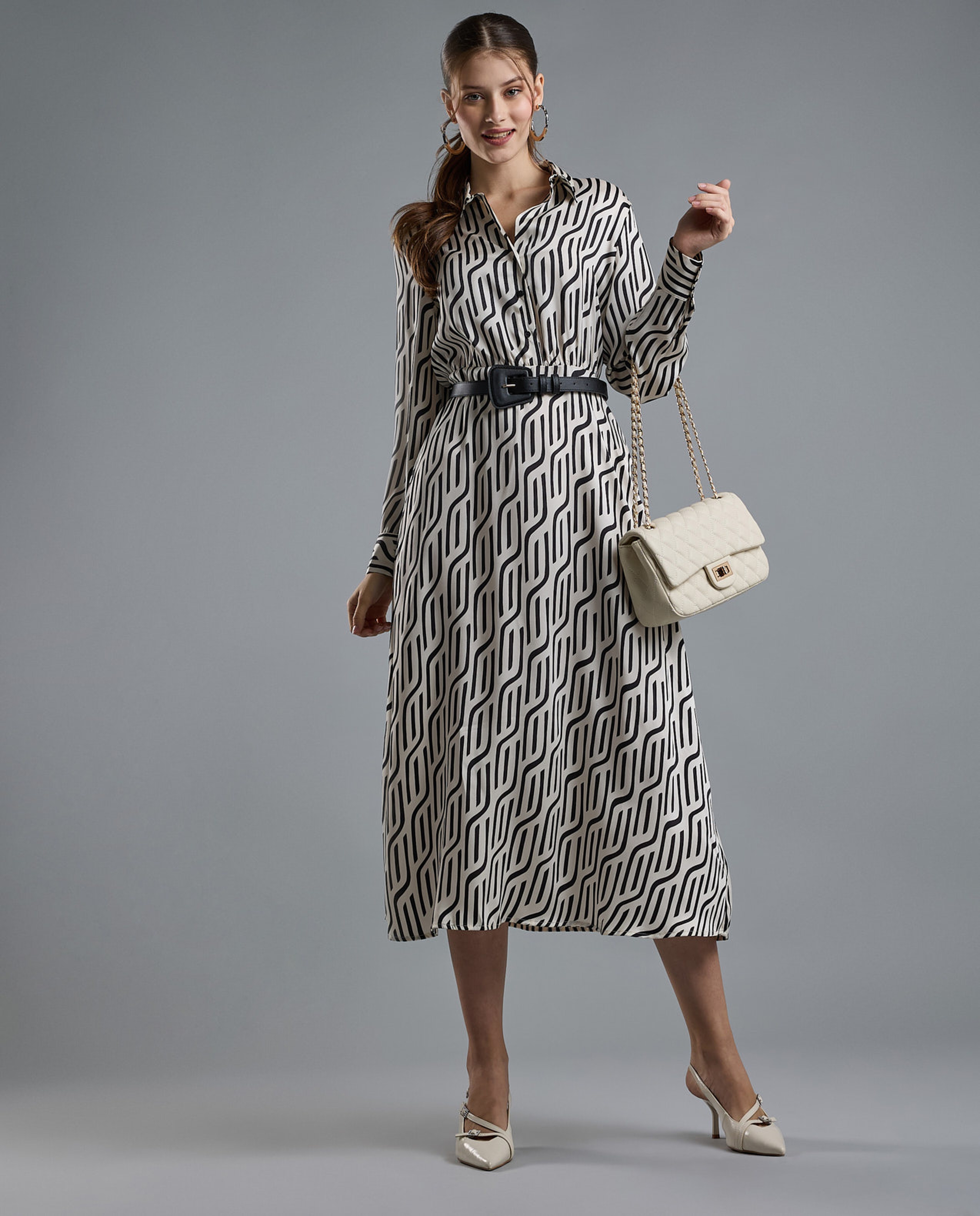 Patterned Shirt Dress with Long Sleeves