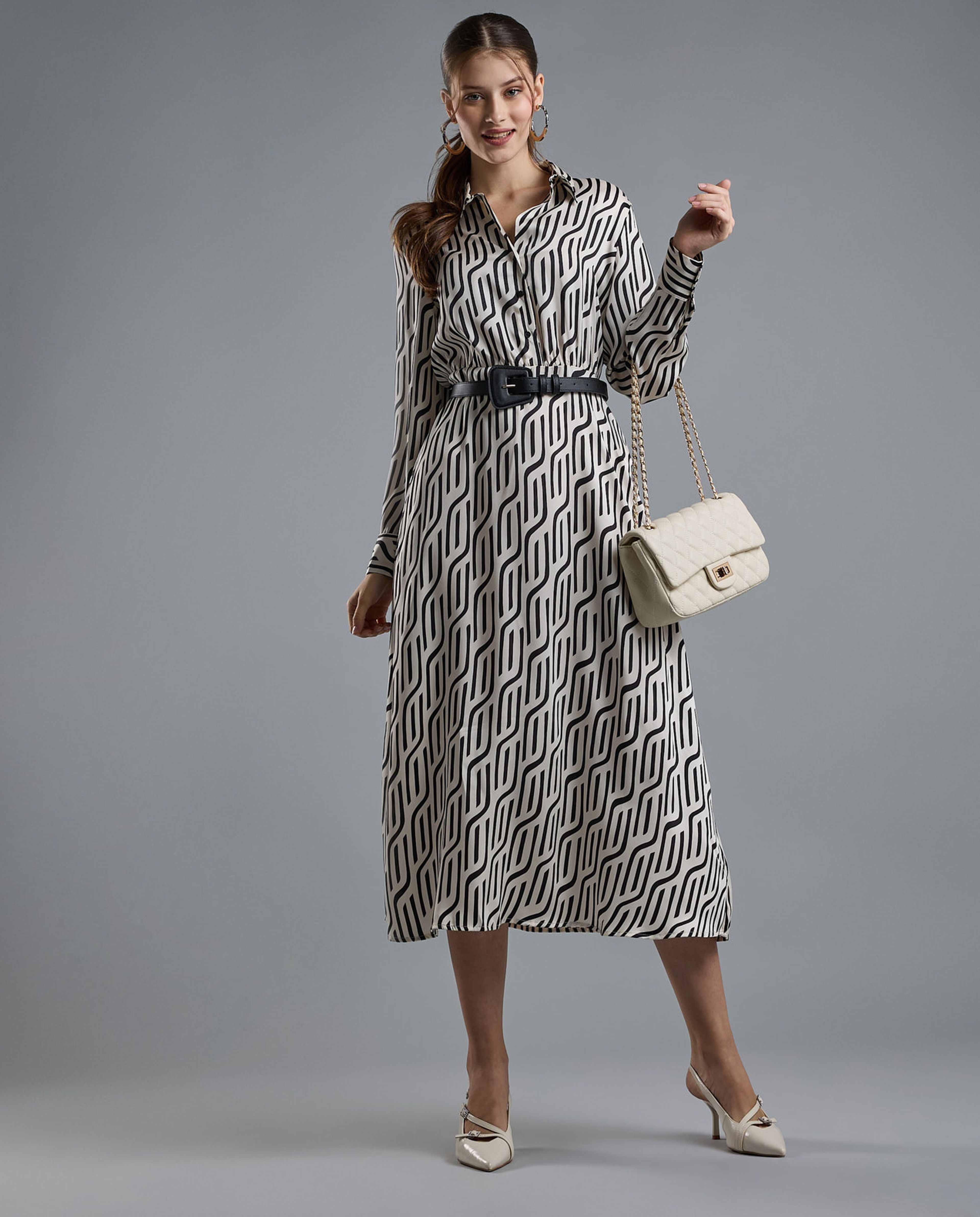 Patterned Shirt Dress with Long Sleeves