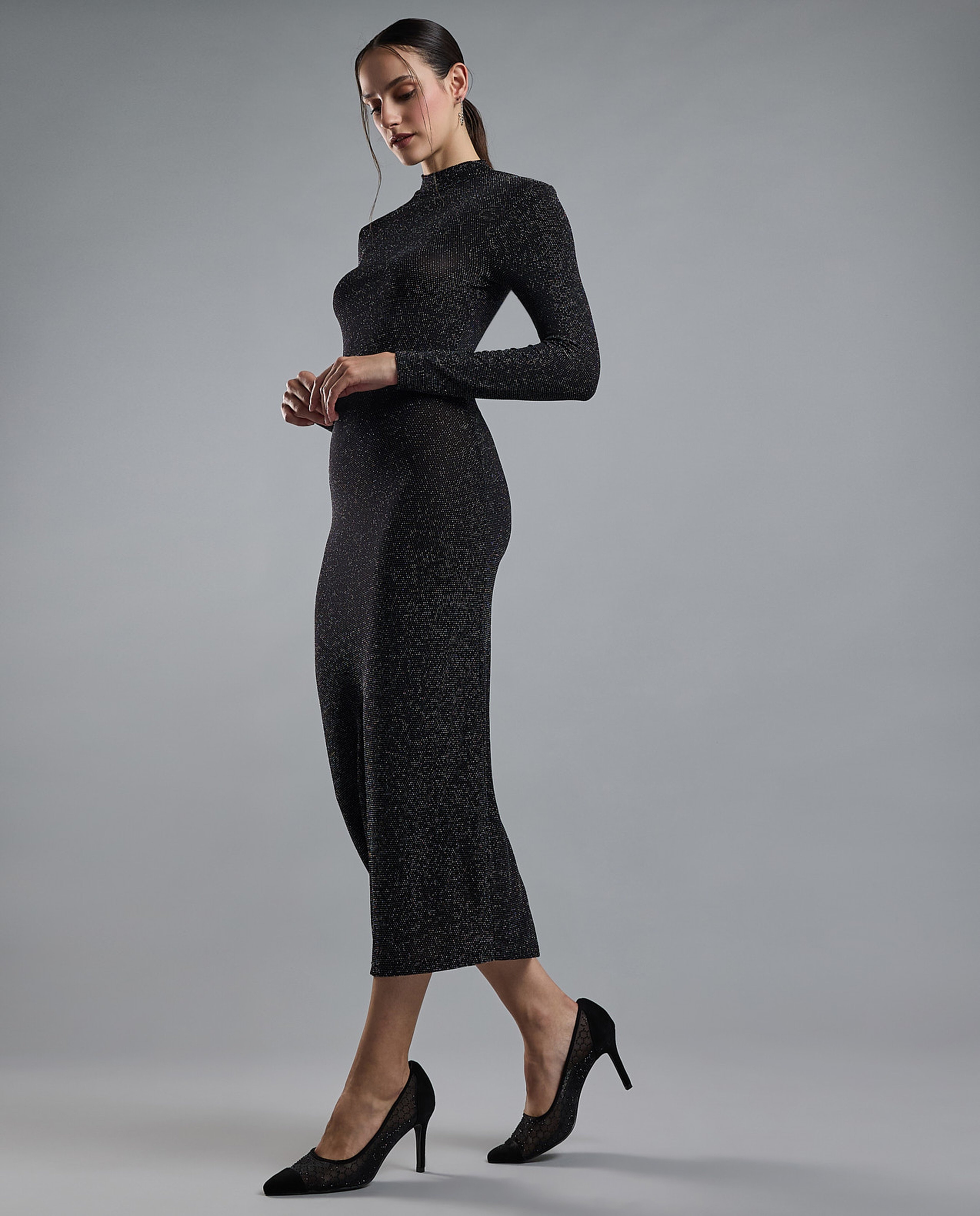 Solid Bodycon Dress with High Neck and Long Sleeves