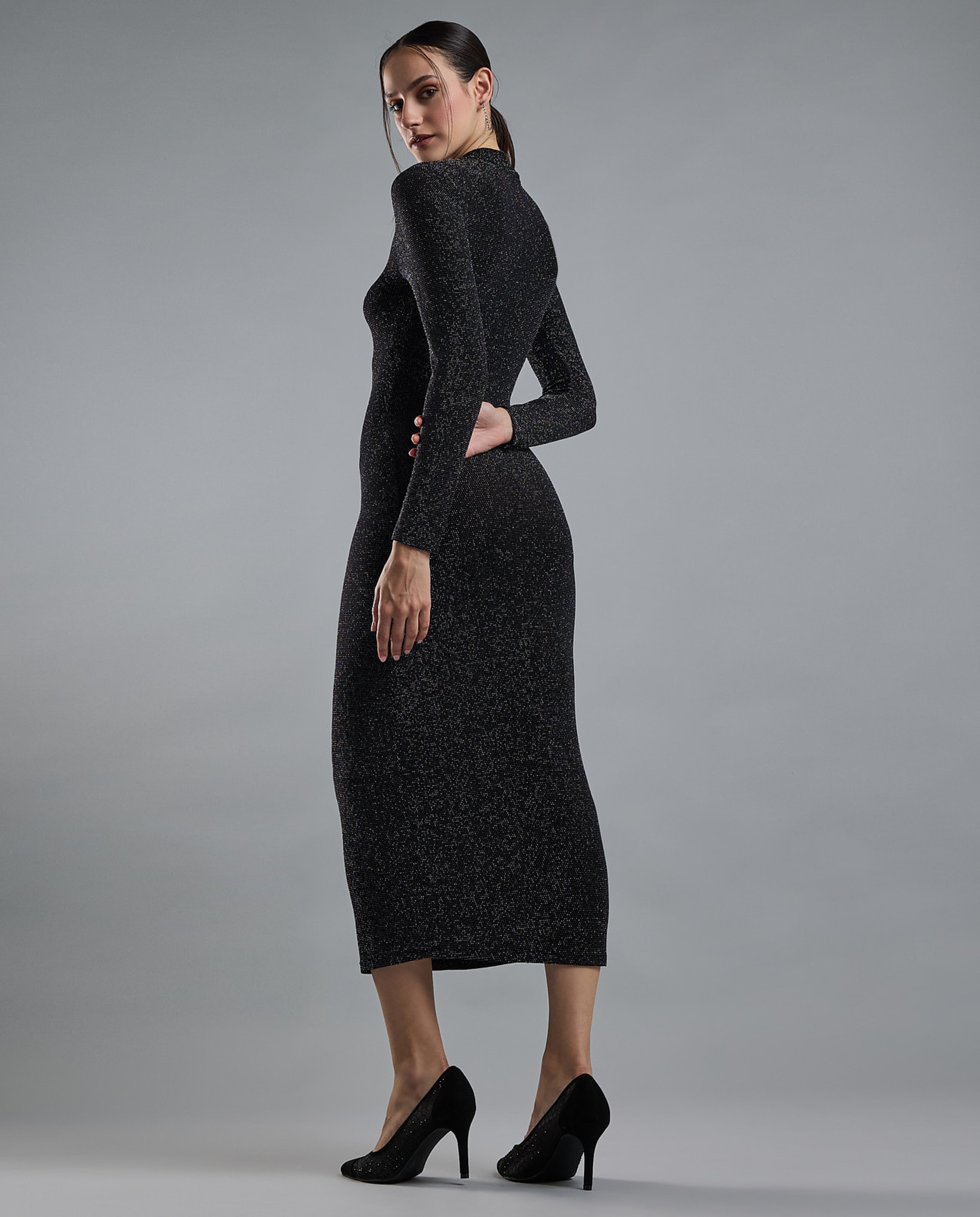 Solid Bodycon Dress with High Neck and Long Sleeves