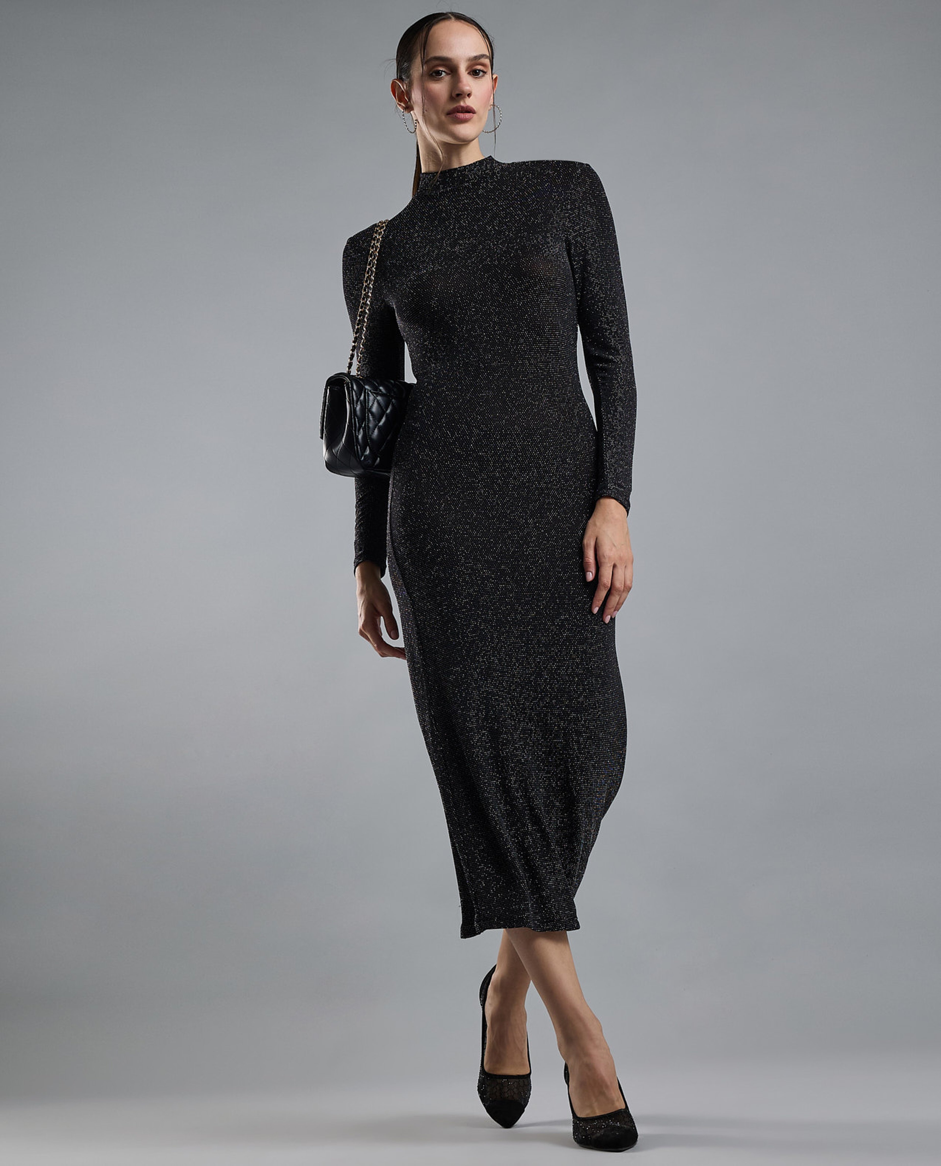 Solid Bodycon Dress with High Neck and Long Sleeves