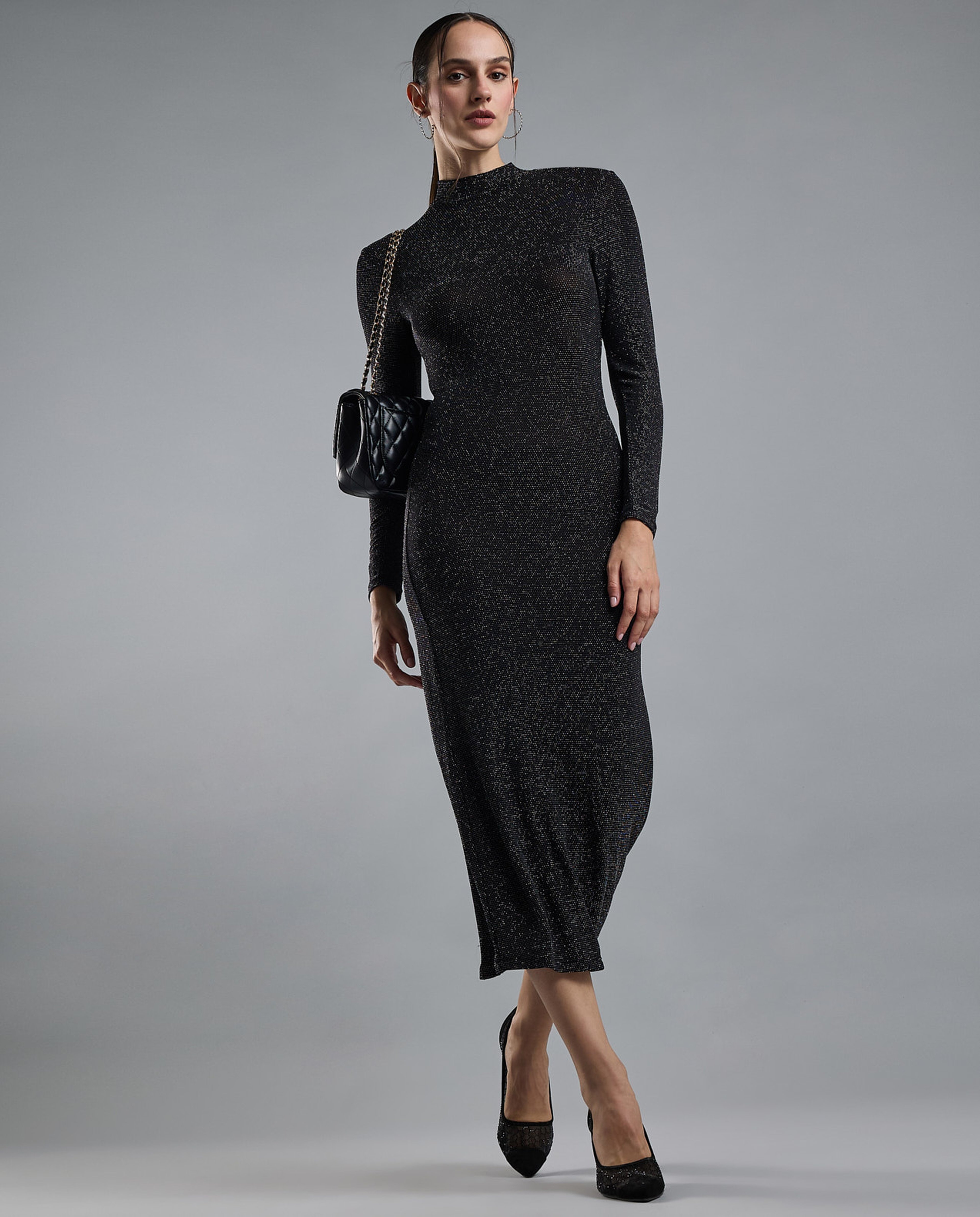 Solid Bodycon Dress with High Neck and Long Sleeves