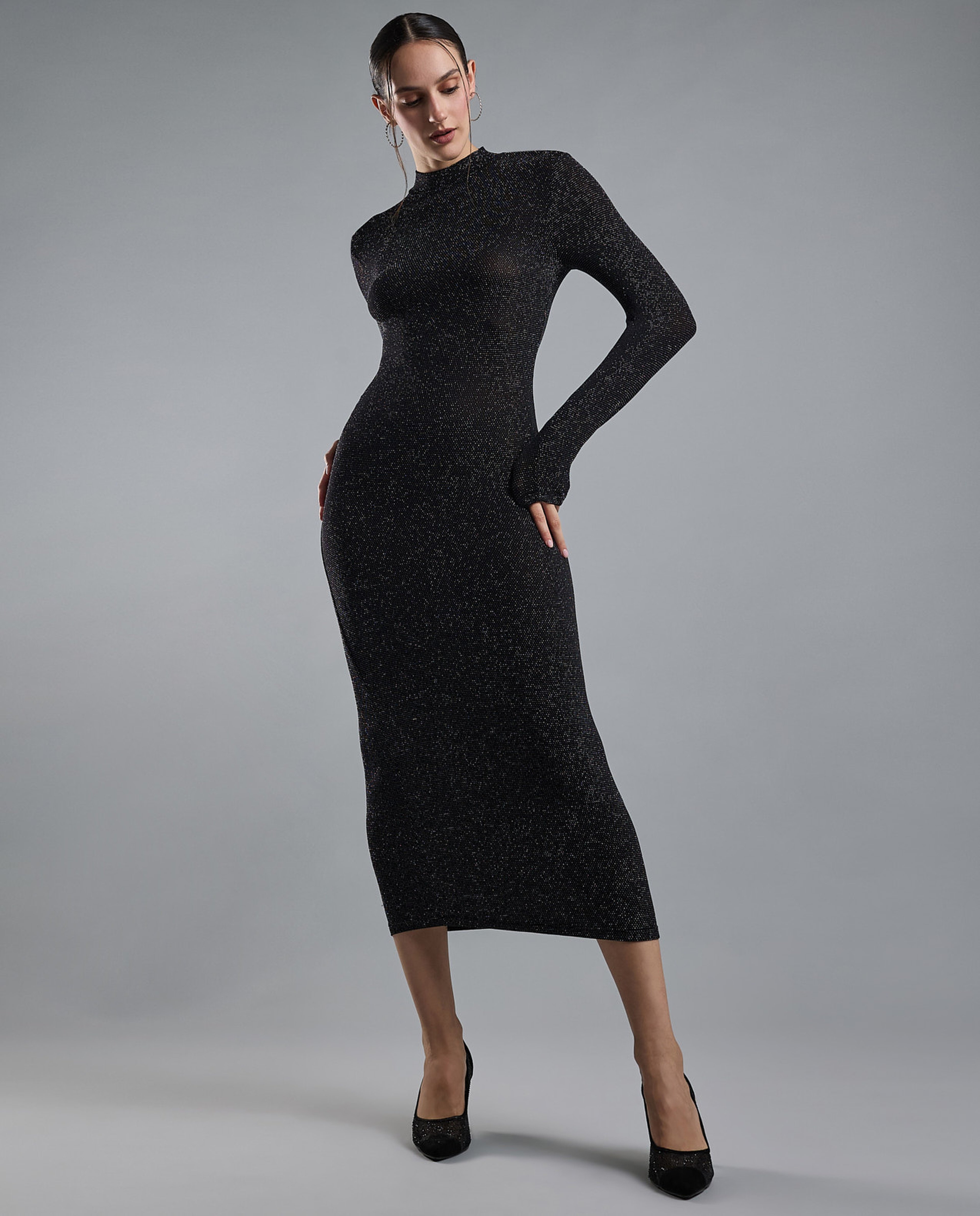 Solid Bodycon Dress with High Neck and Long Sleeves