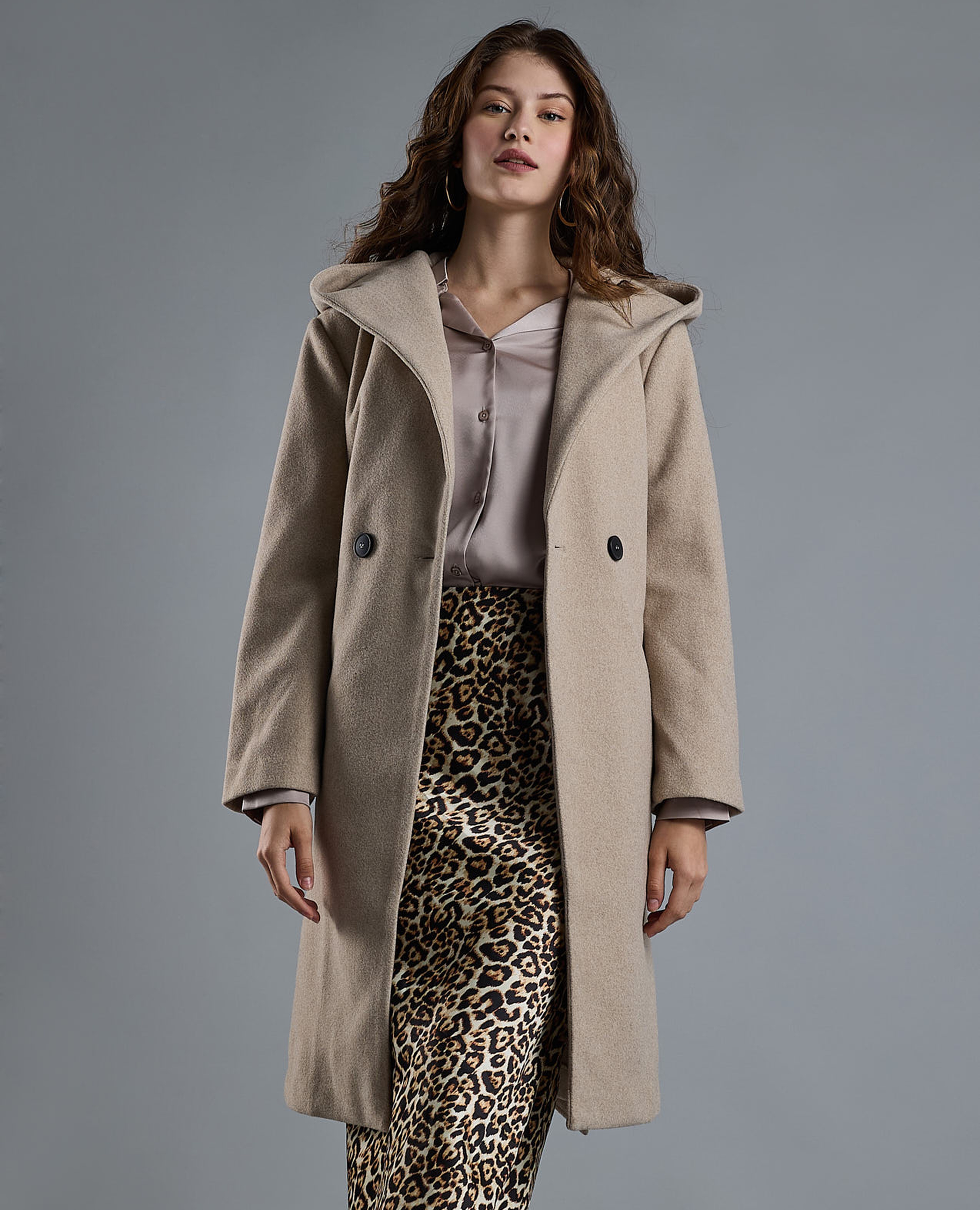 Textured Hooded Overcoat with Button Closure