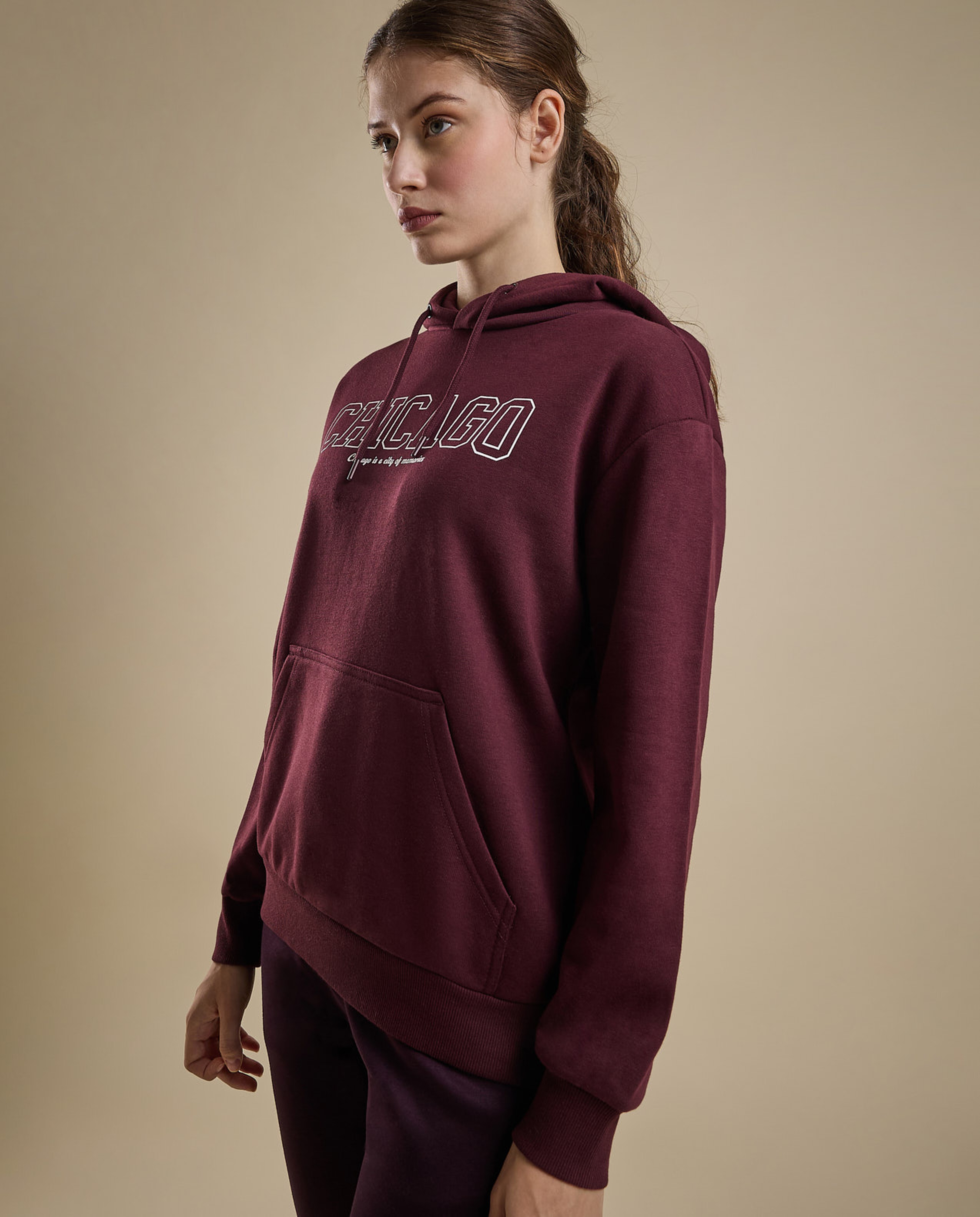 Typography Print Hoodie with Long Sleeves