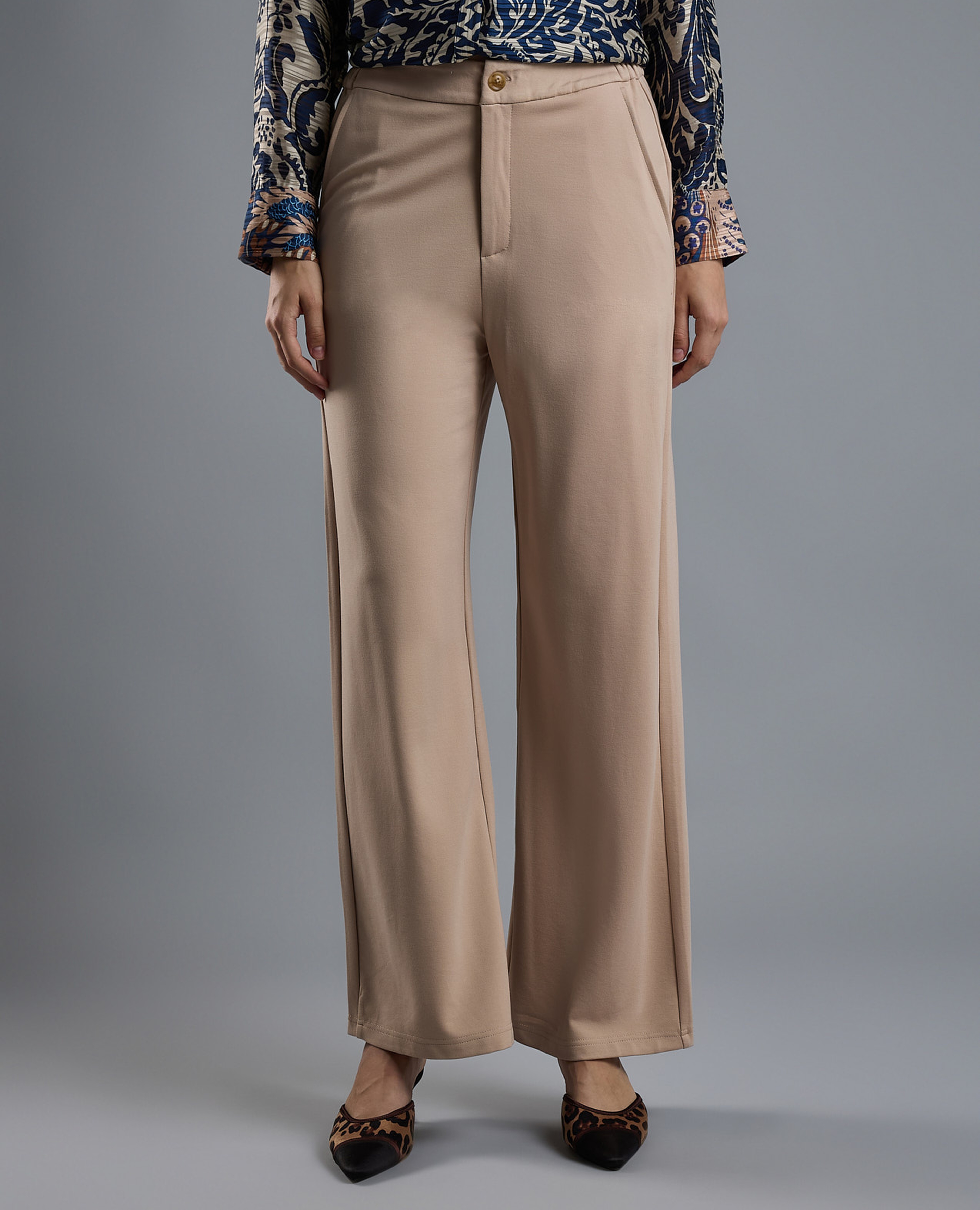 Solid Straight Fit Pants with Button Closure