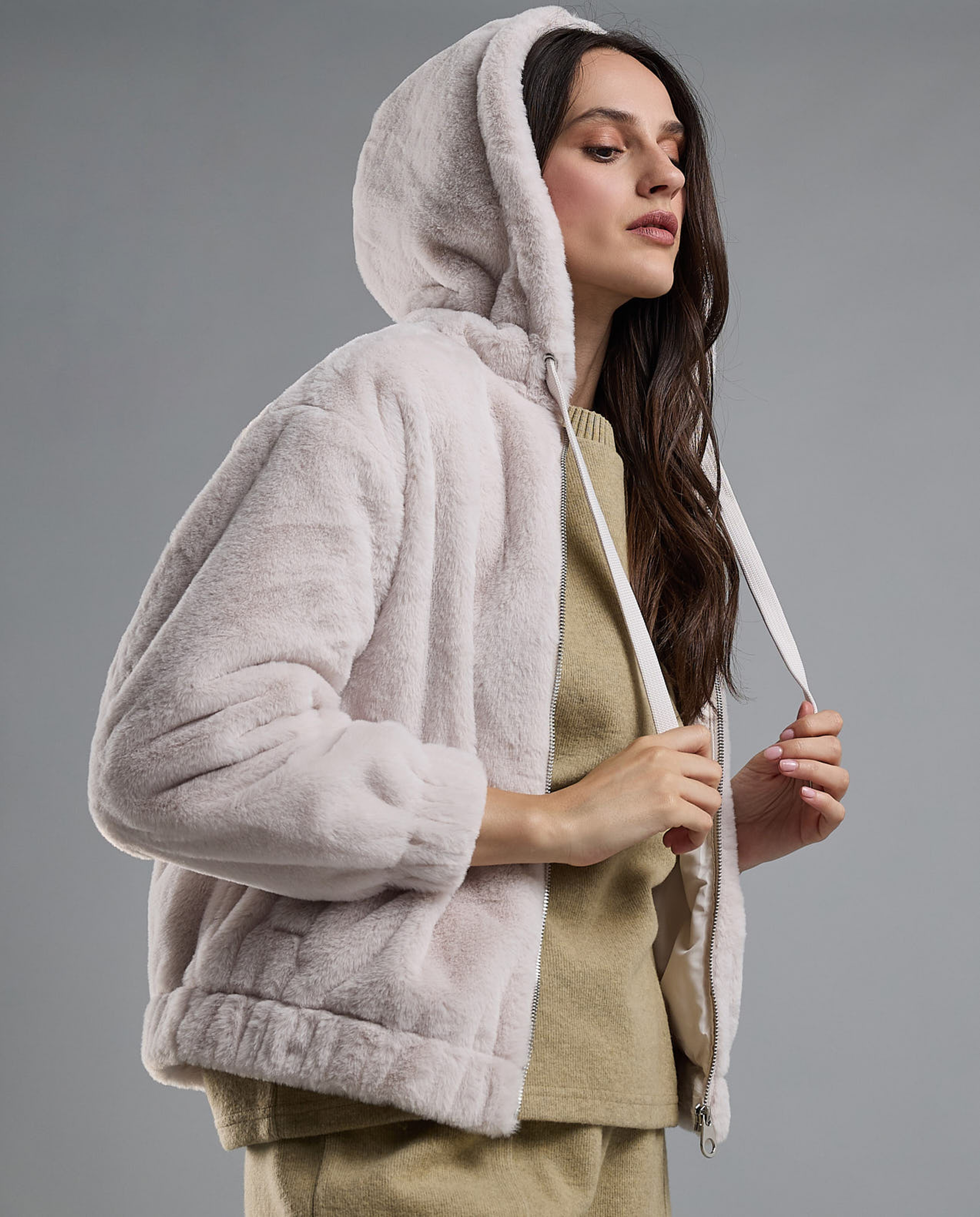 Solid Hooded Jacket with Zipper Closure