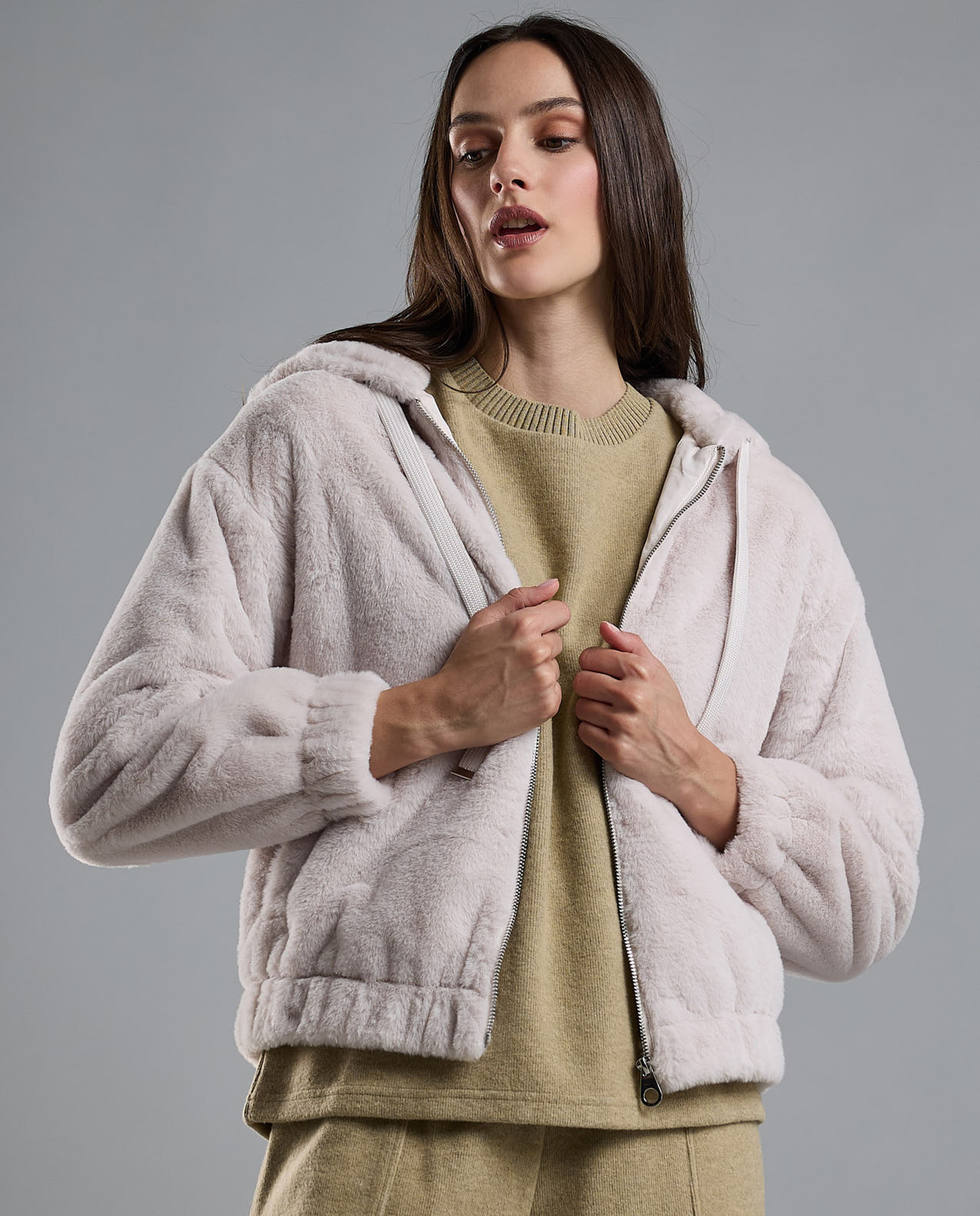 Solid Hooded Jacket with Zipper Closure