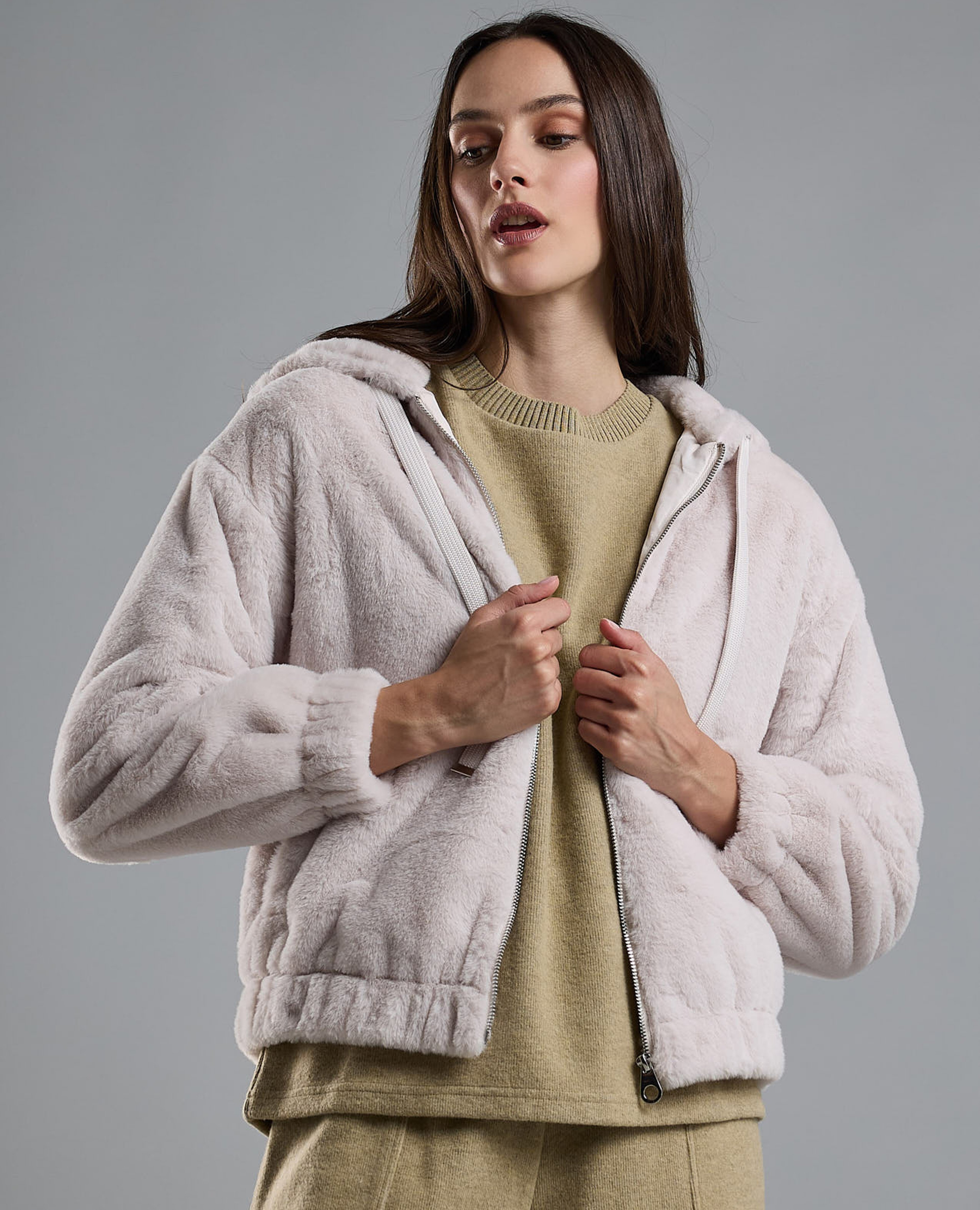 Solid Hooded Jacket with Zipper Closure