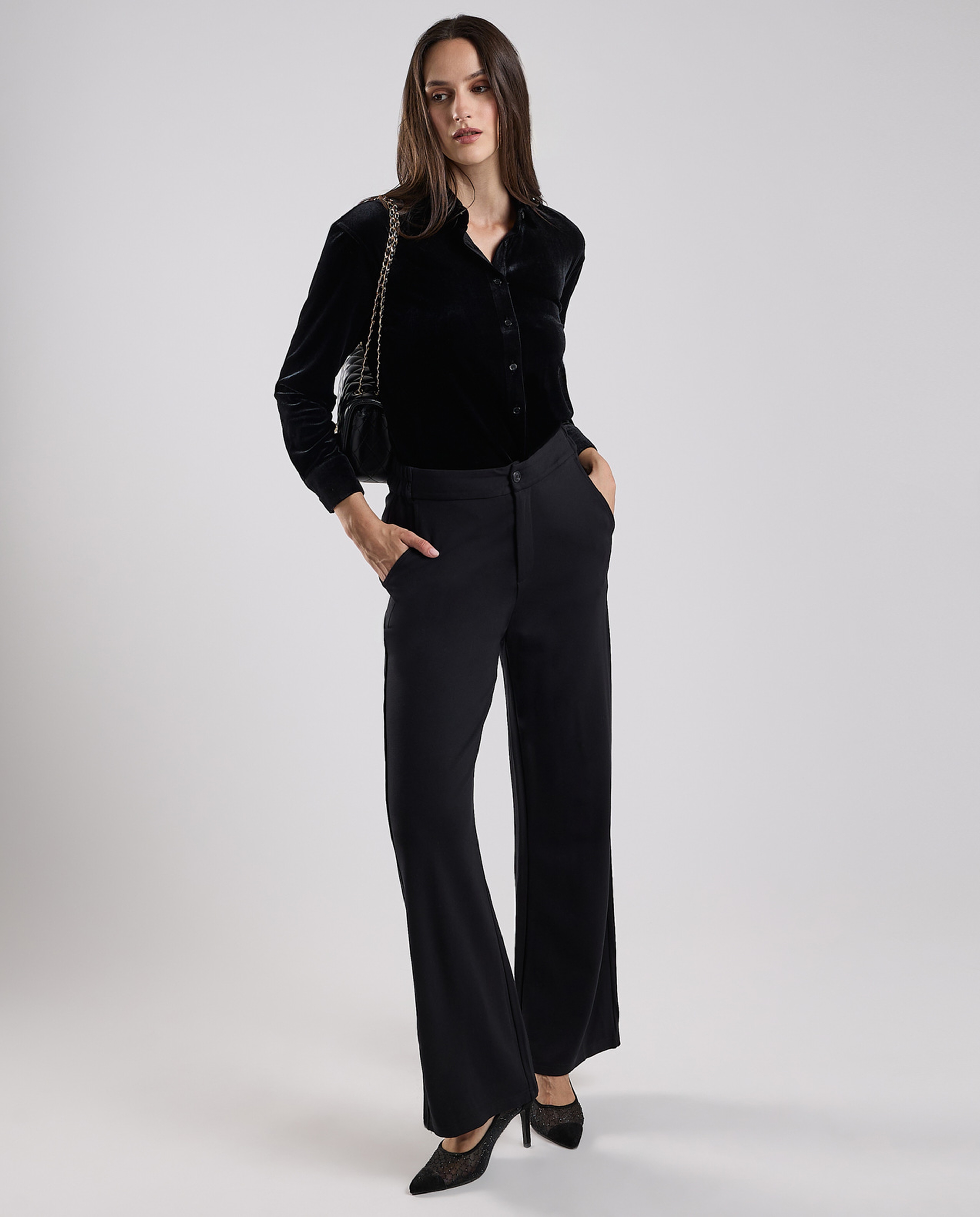 Solid Wide Leg Pants with Button Closure