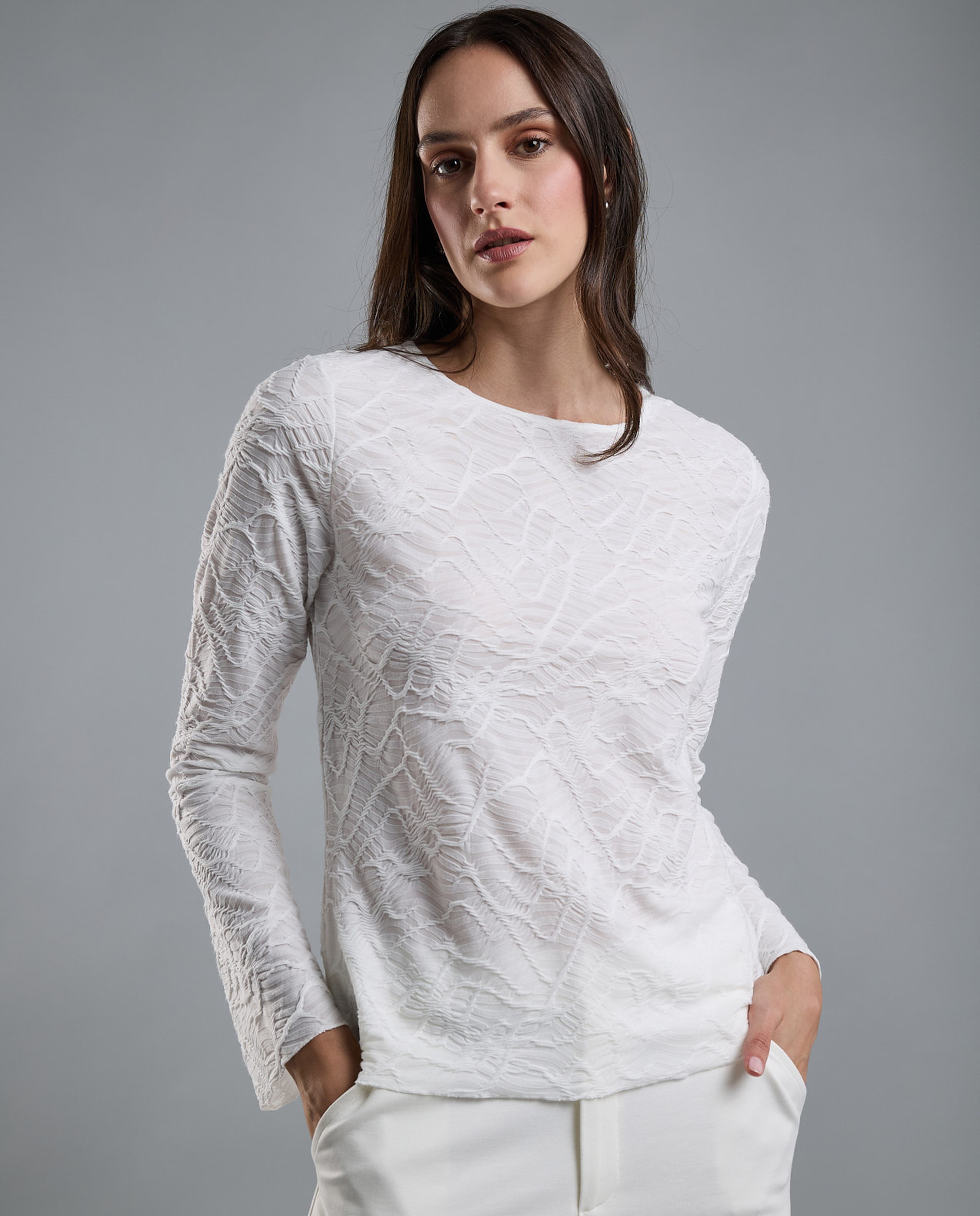 Self Design Top with Crew Neck and Long Sleeves