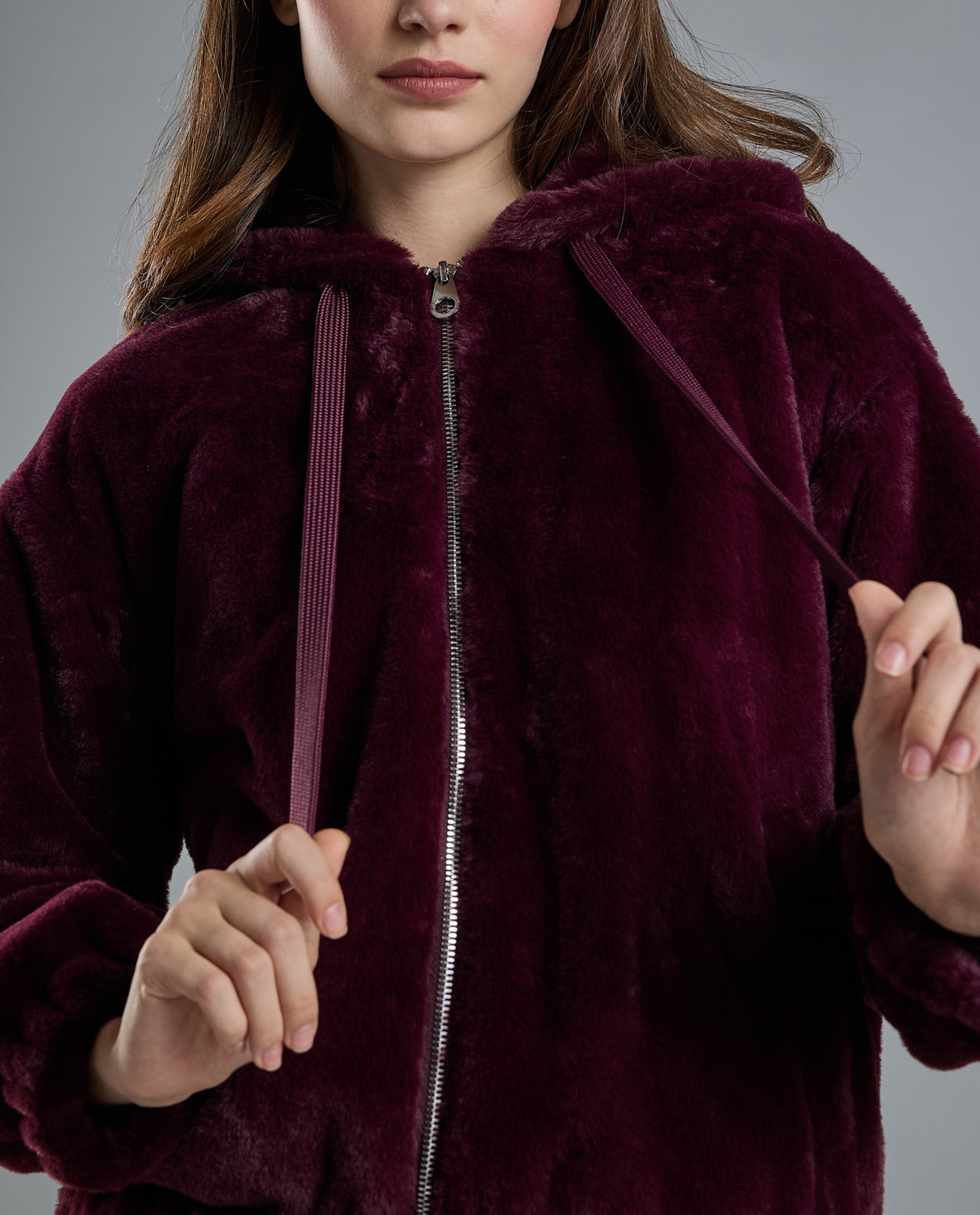 Solid Hooded Jacket with Zipper Closure