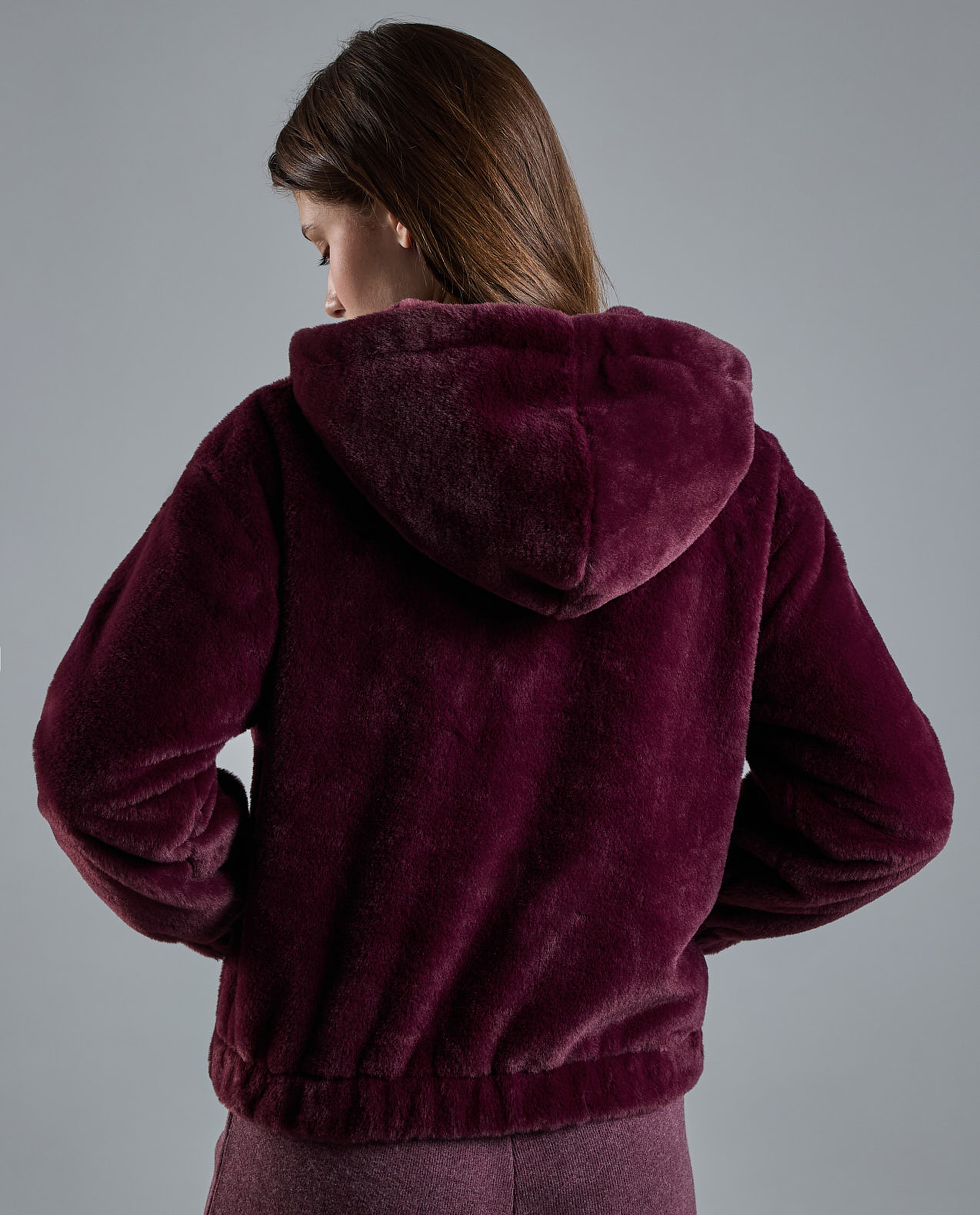 Solid Hooded Jacket with Zipper Closure