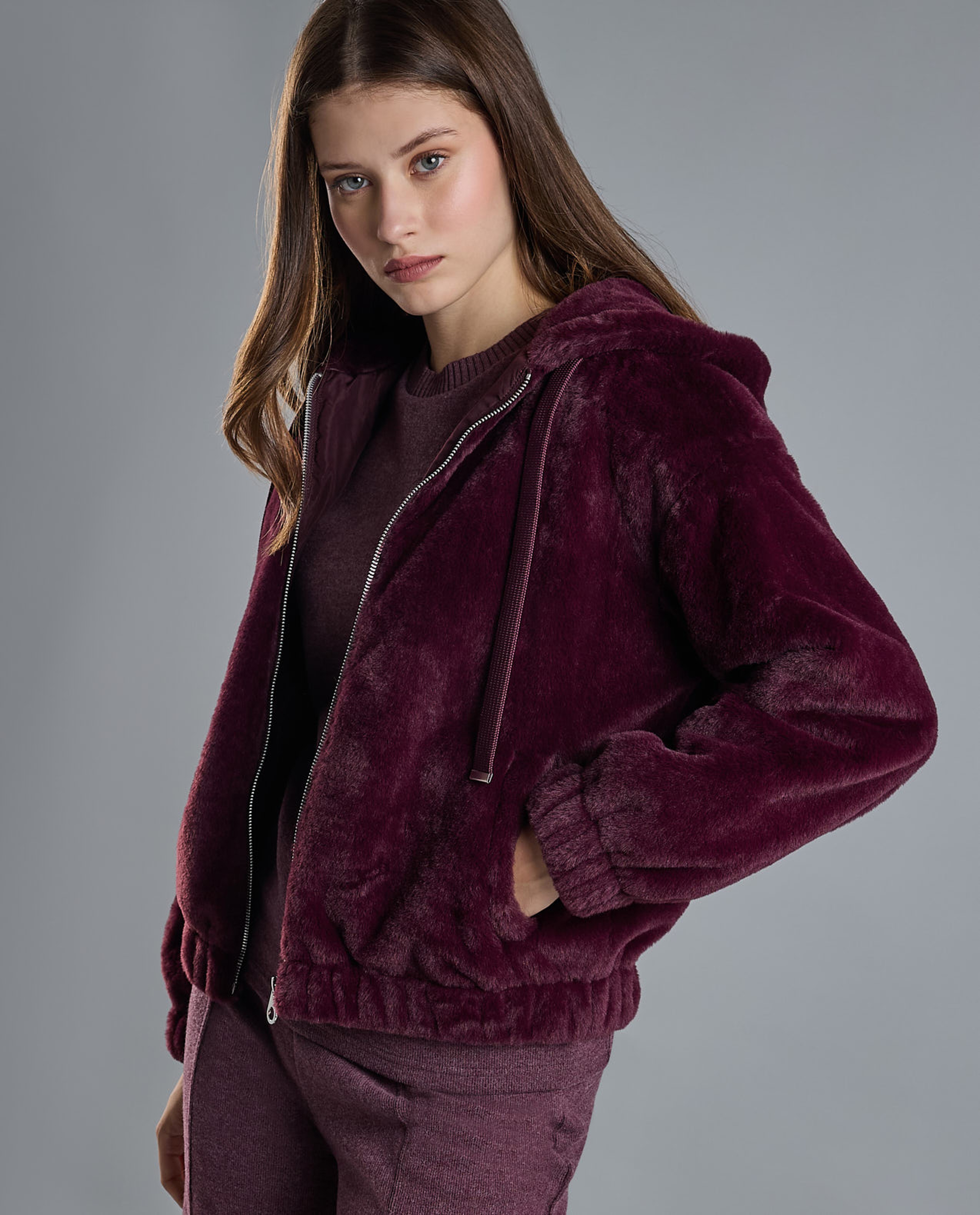 Solid Hooded Jacket with Zipper Closure