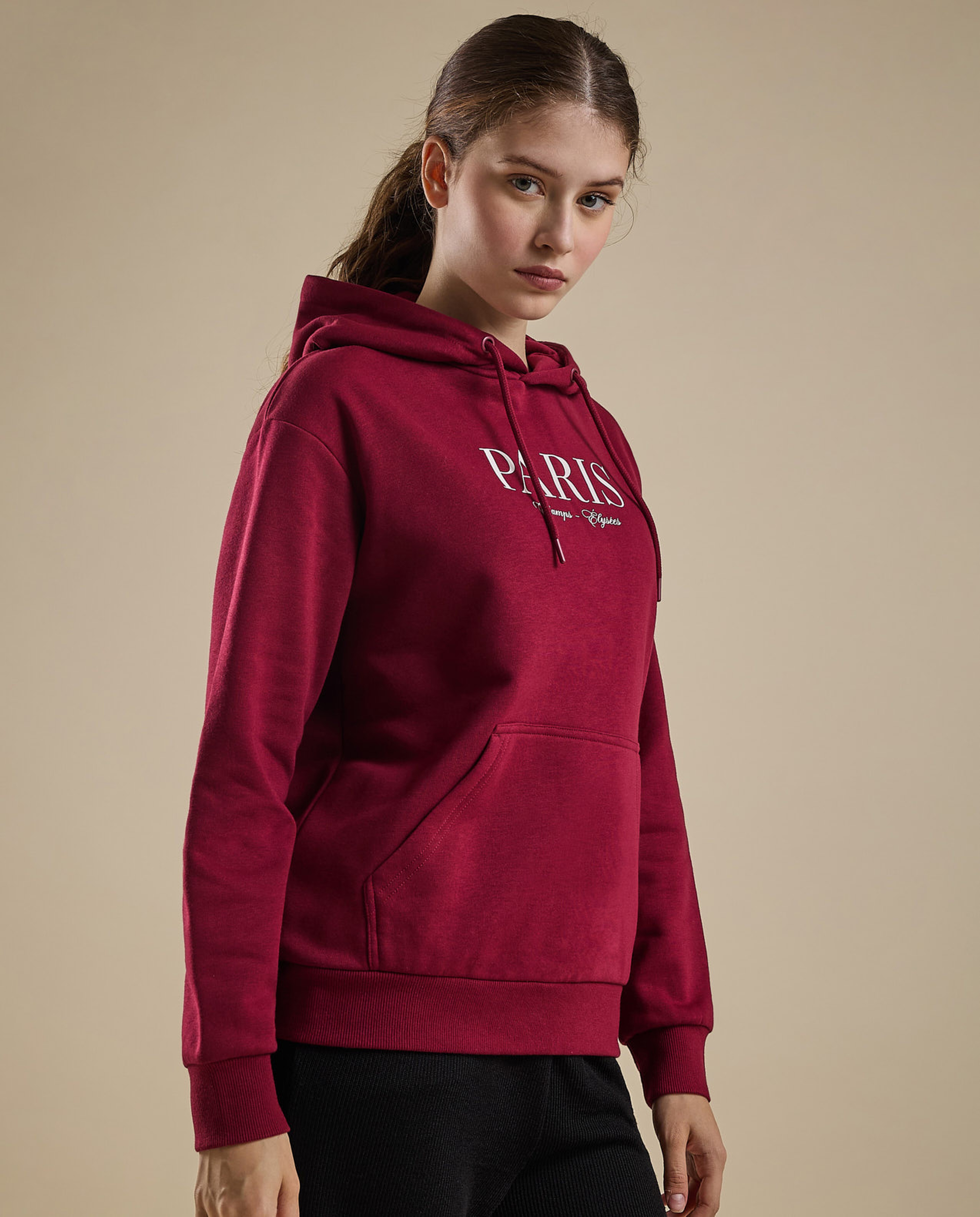 Typography Print Hoodie with Long Sleeves