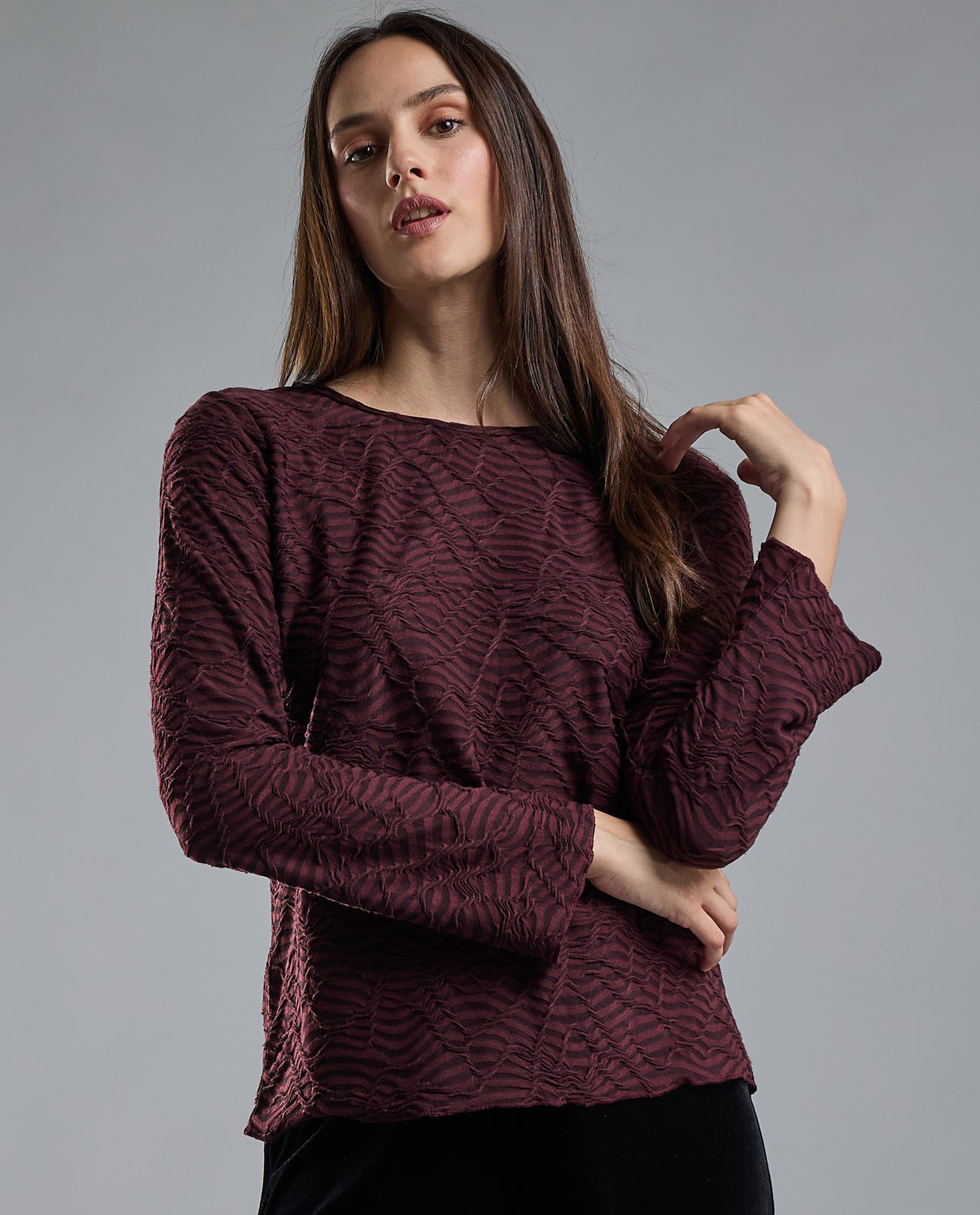 Self Design Top with Crew Neck and Long Sleeves