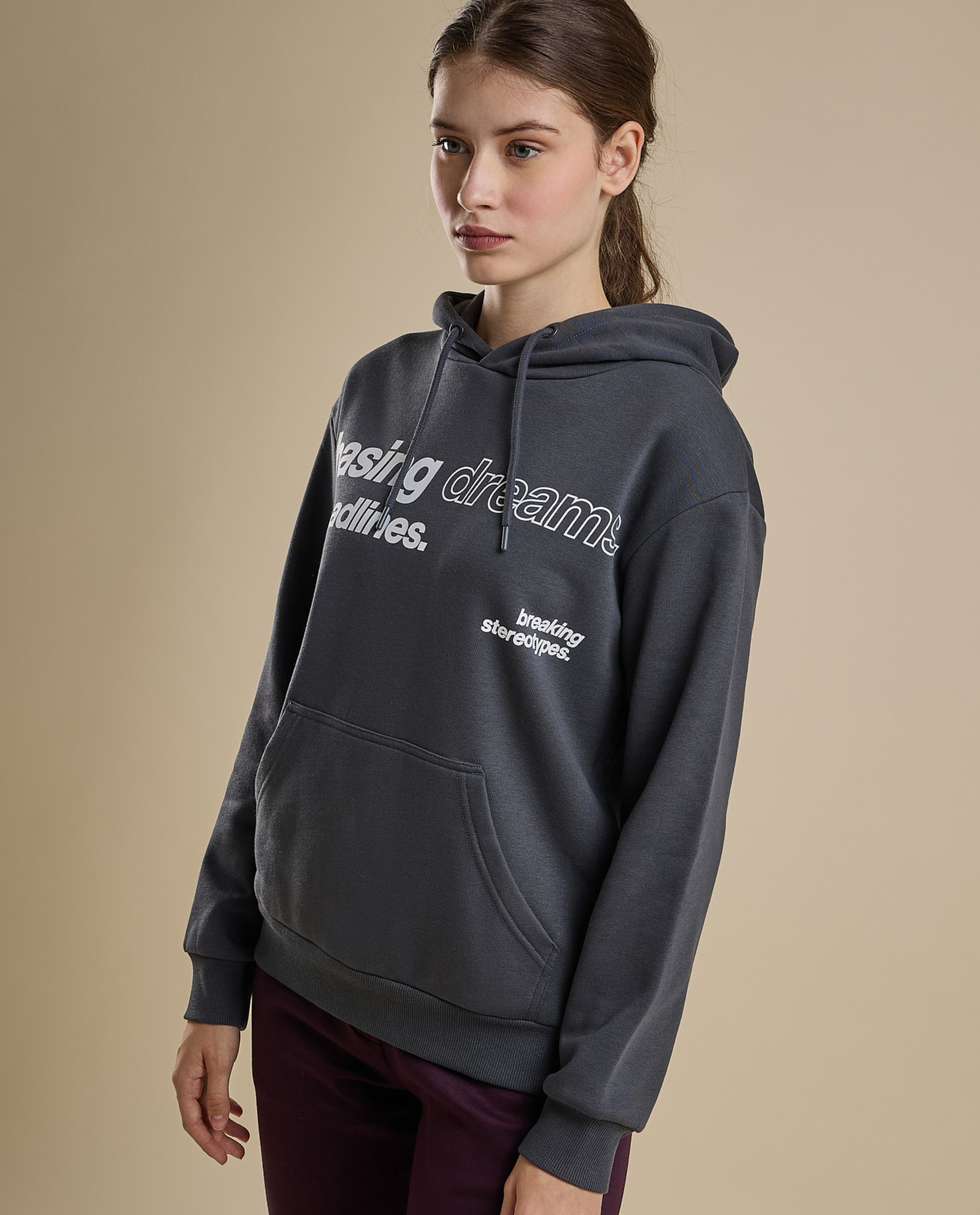 Typography Print Hoodie with Long Sleeves