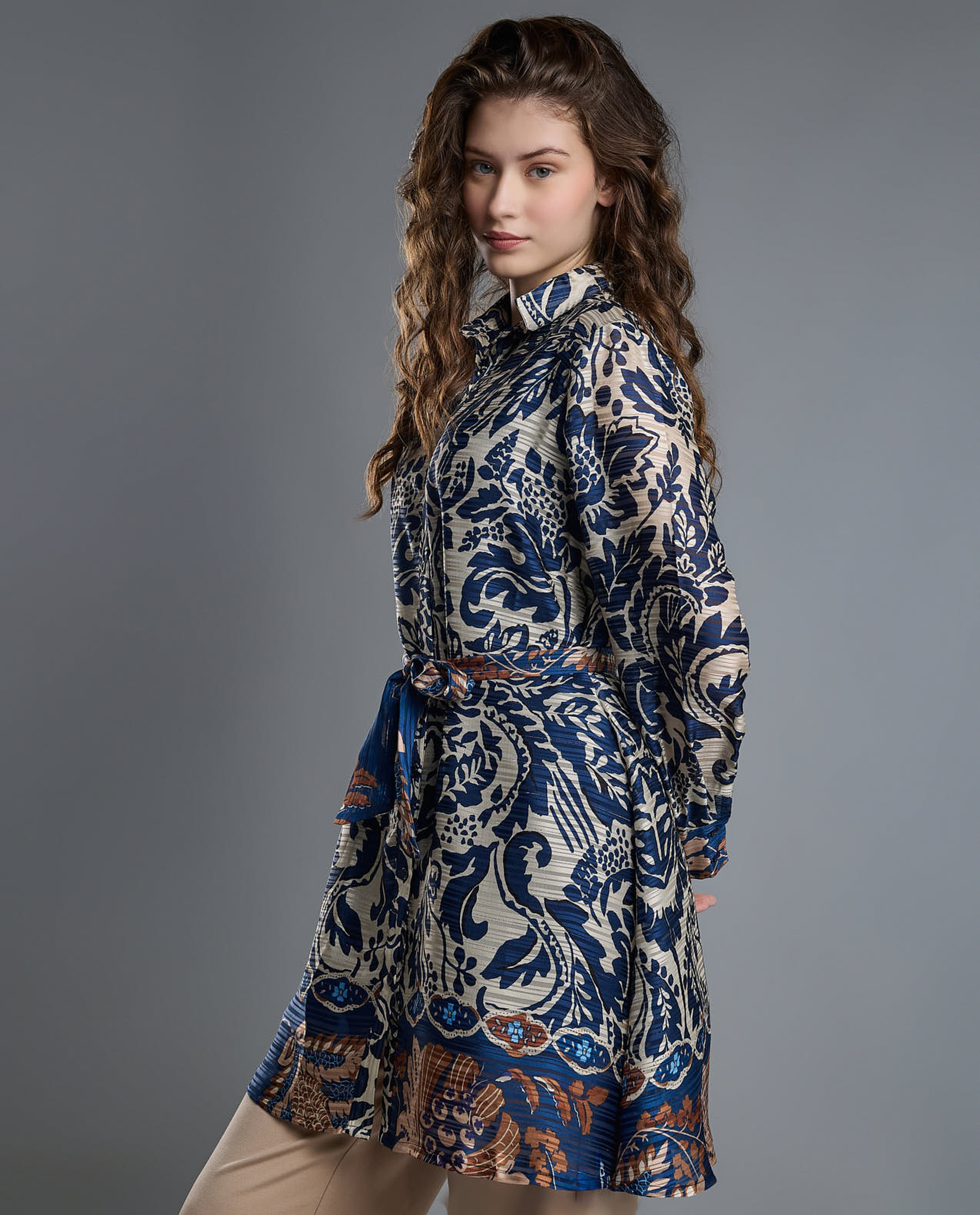 Patterned Shirt Tunic with Long Sleeves