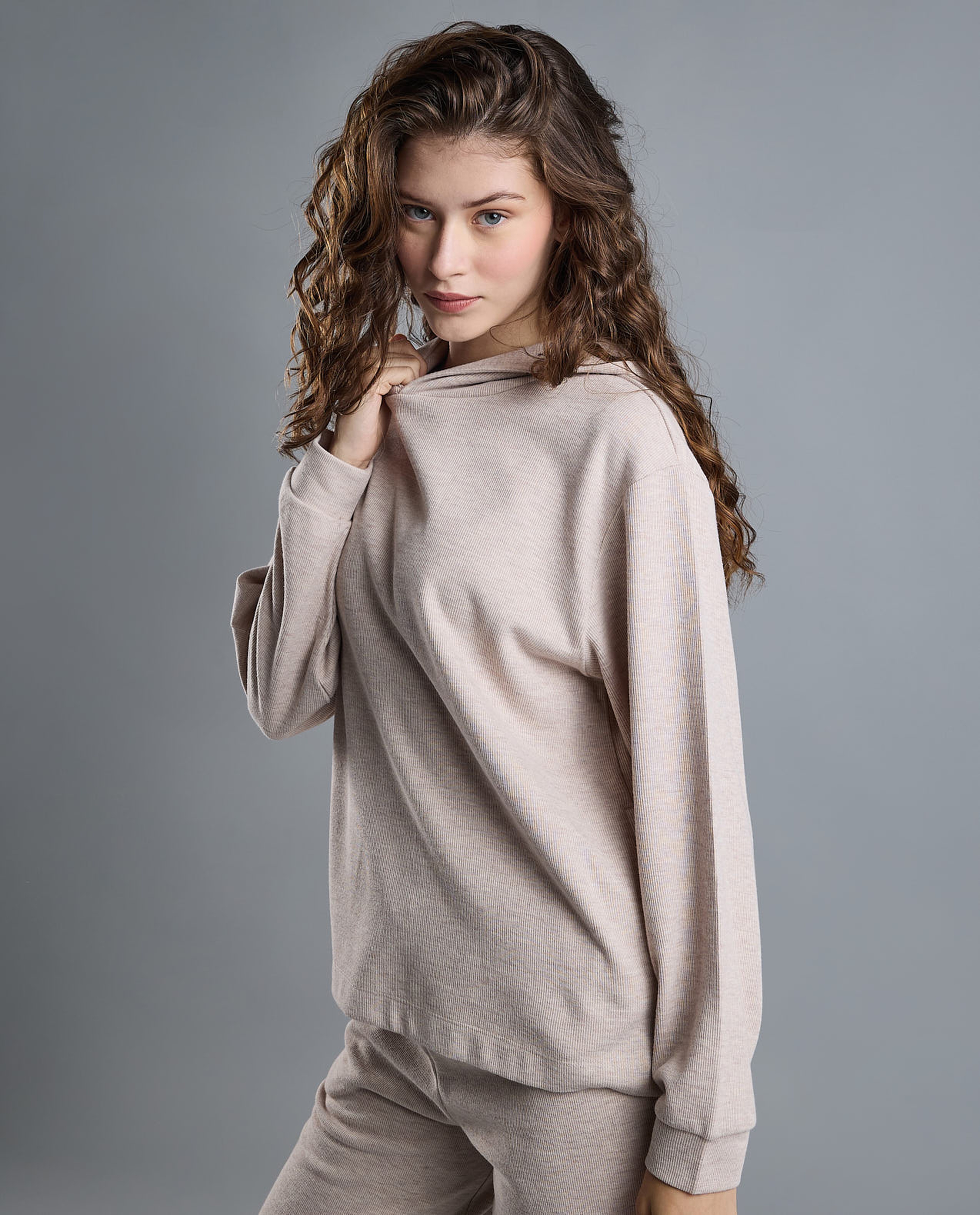 Ribbed Hoodie with Long Sleeves