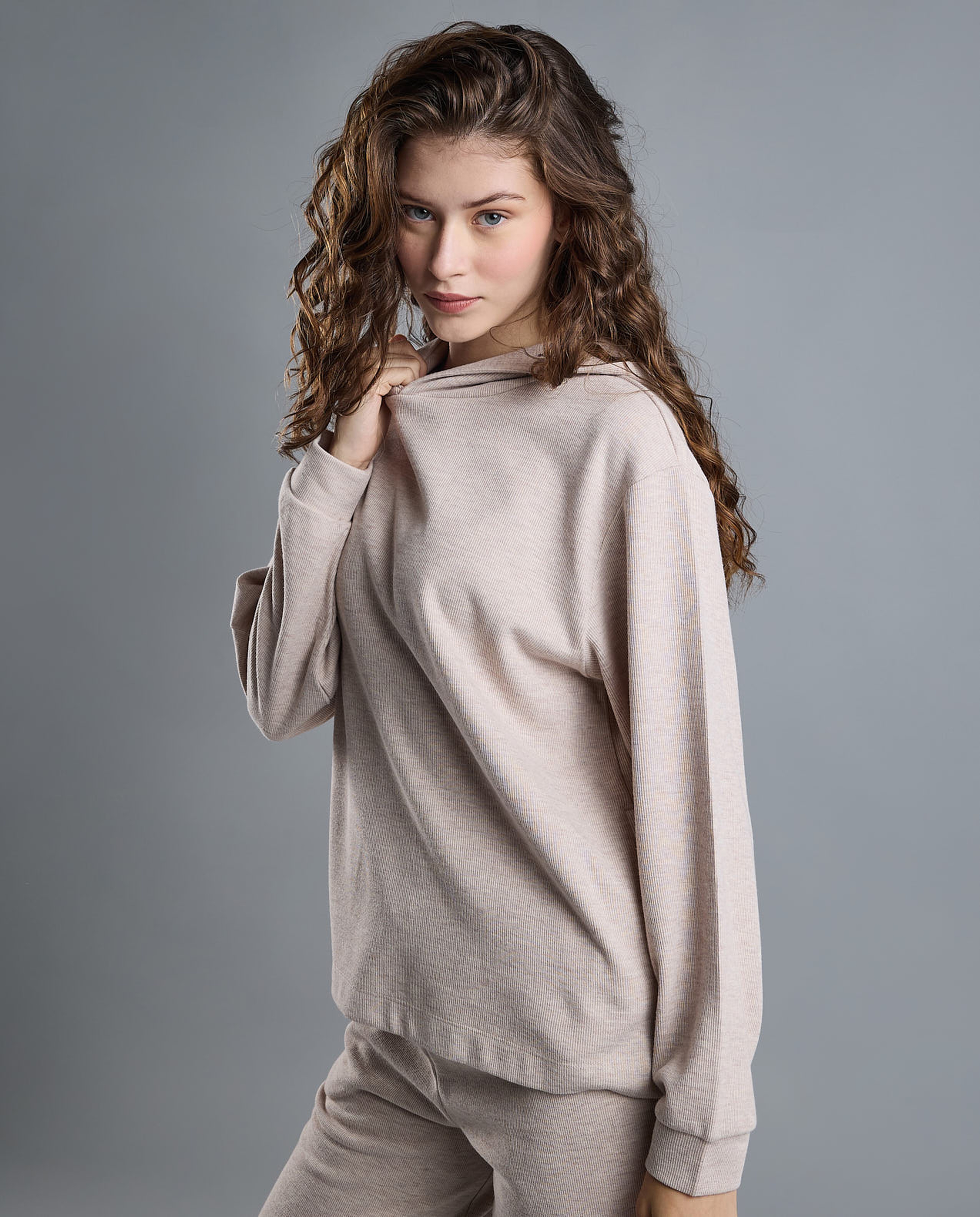 Ribbed Hoodie with Long Sleeves