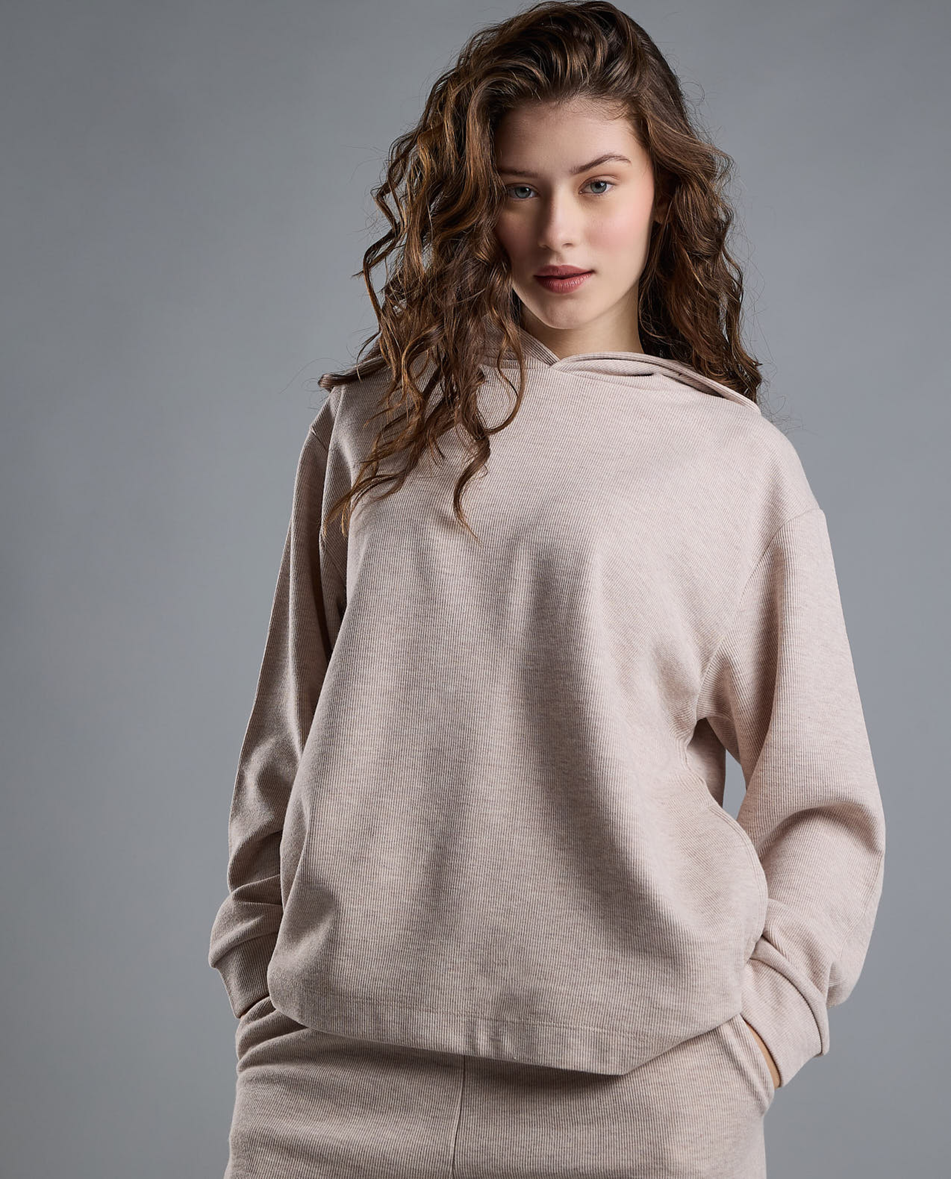 Ribbed Hoodie with Long Sleeves