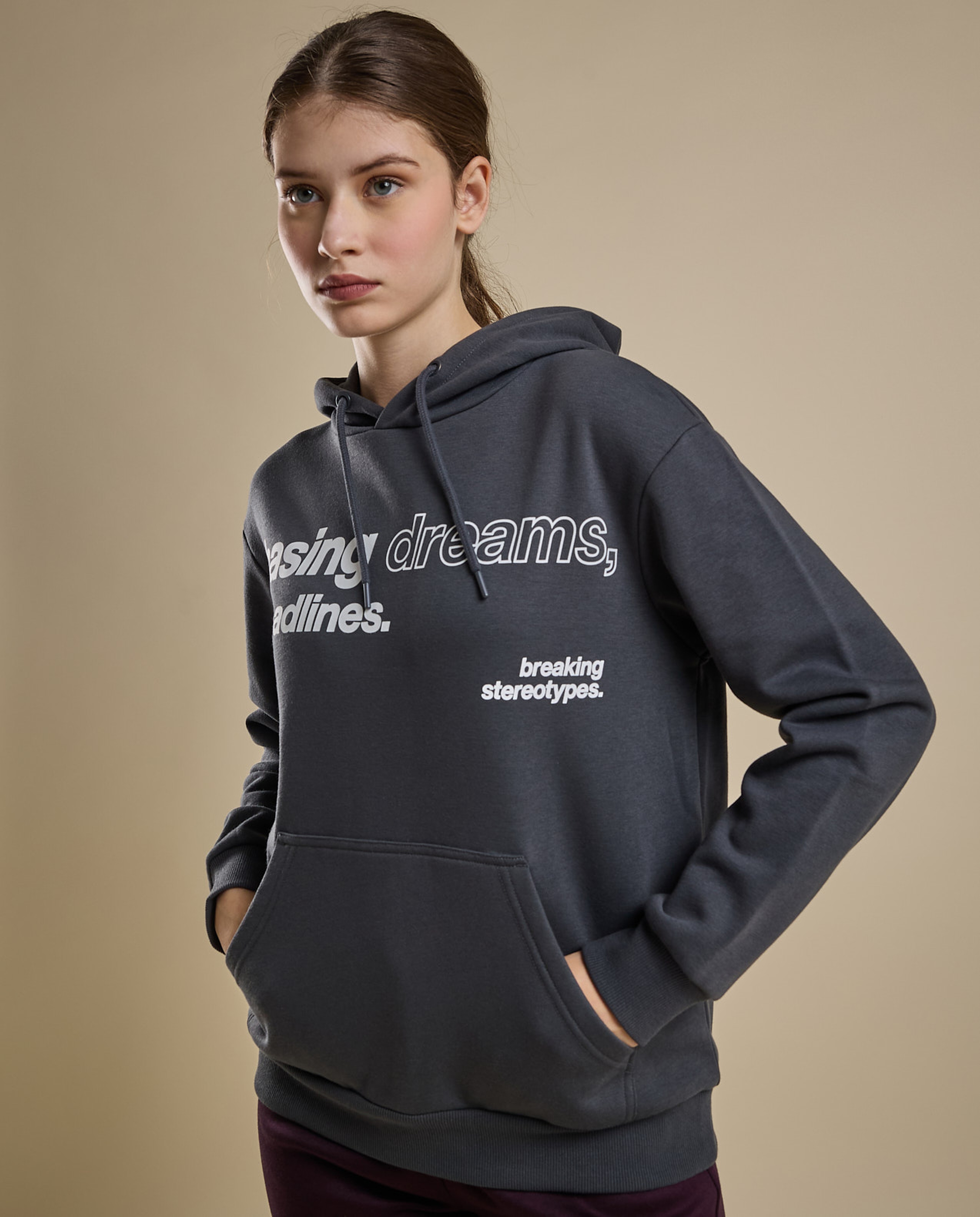 Typography Print Hoodie with Long Sleeves