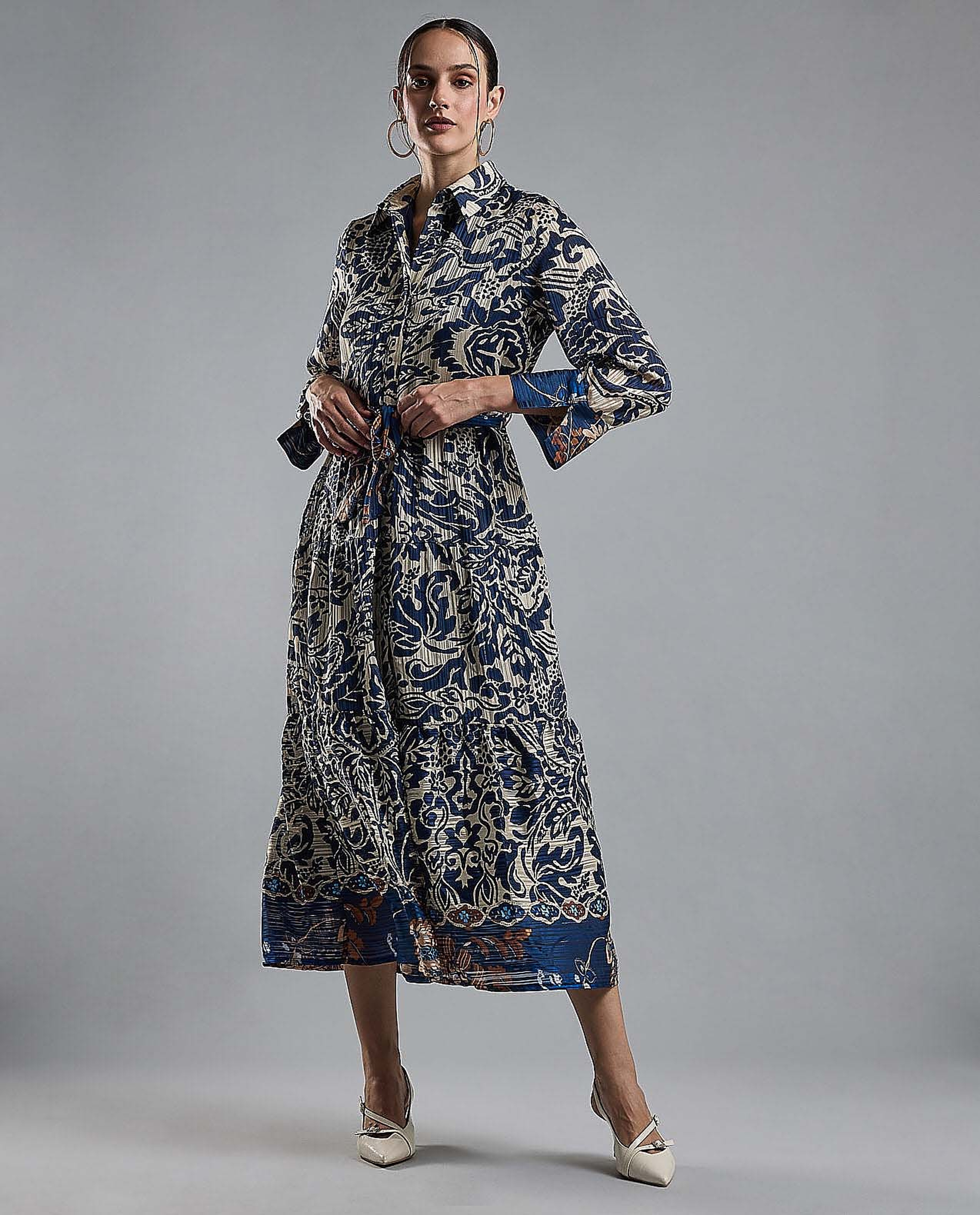 Patterned Shirt Dress with Long Sleeves