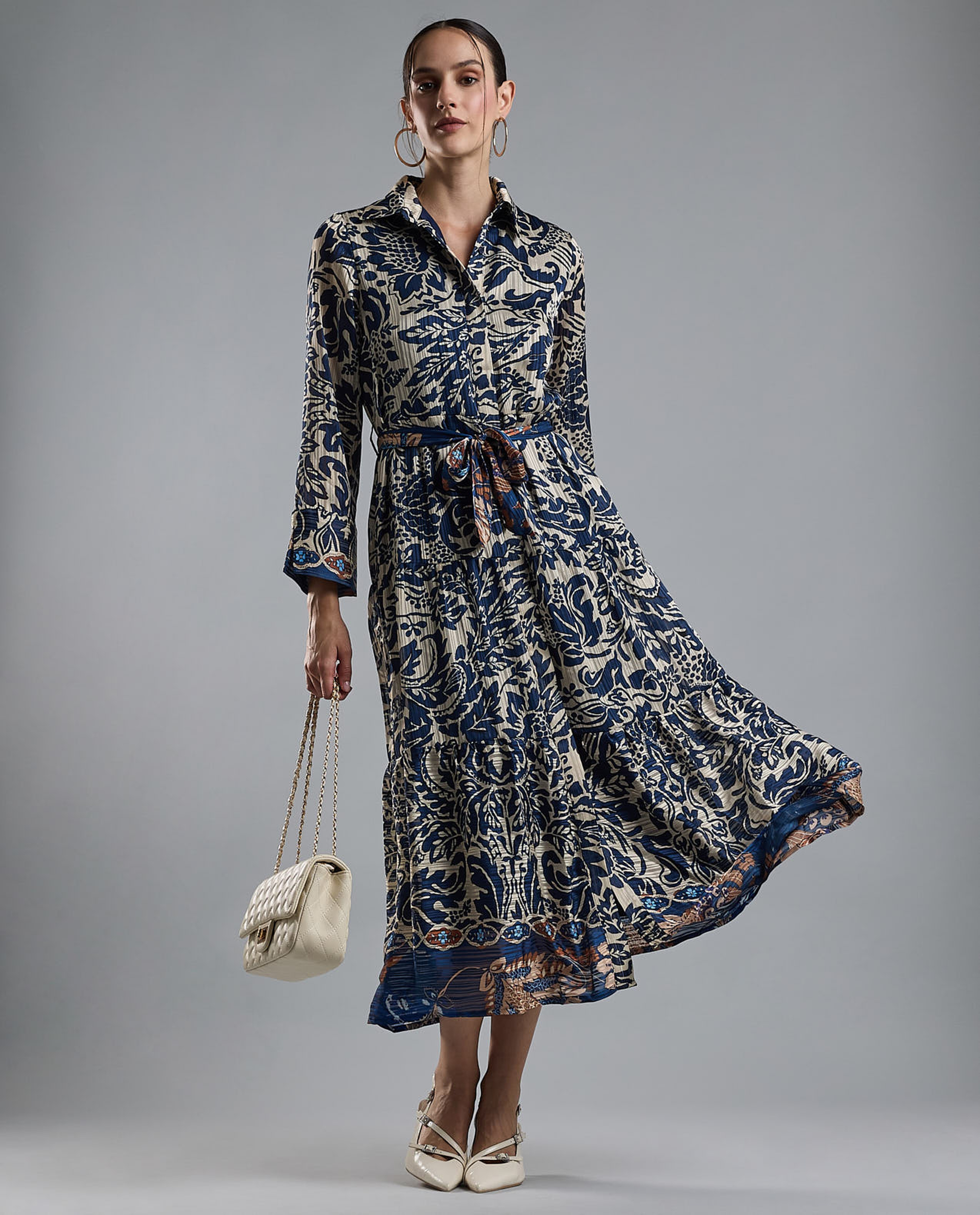 Patterned Shirt Dress with Long Sleeves