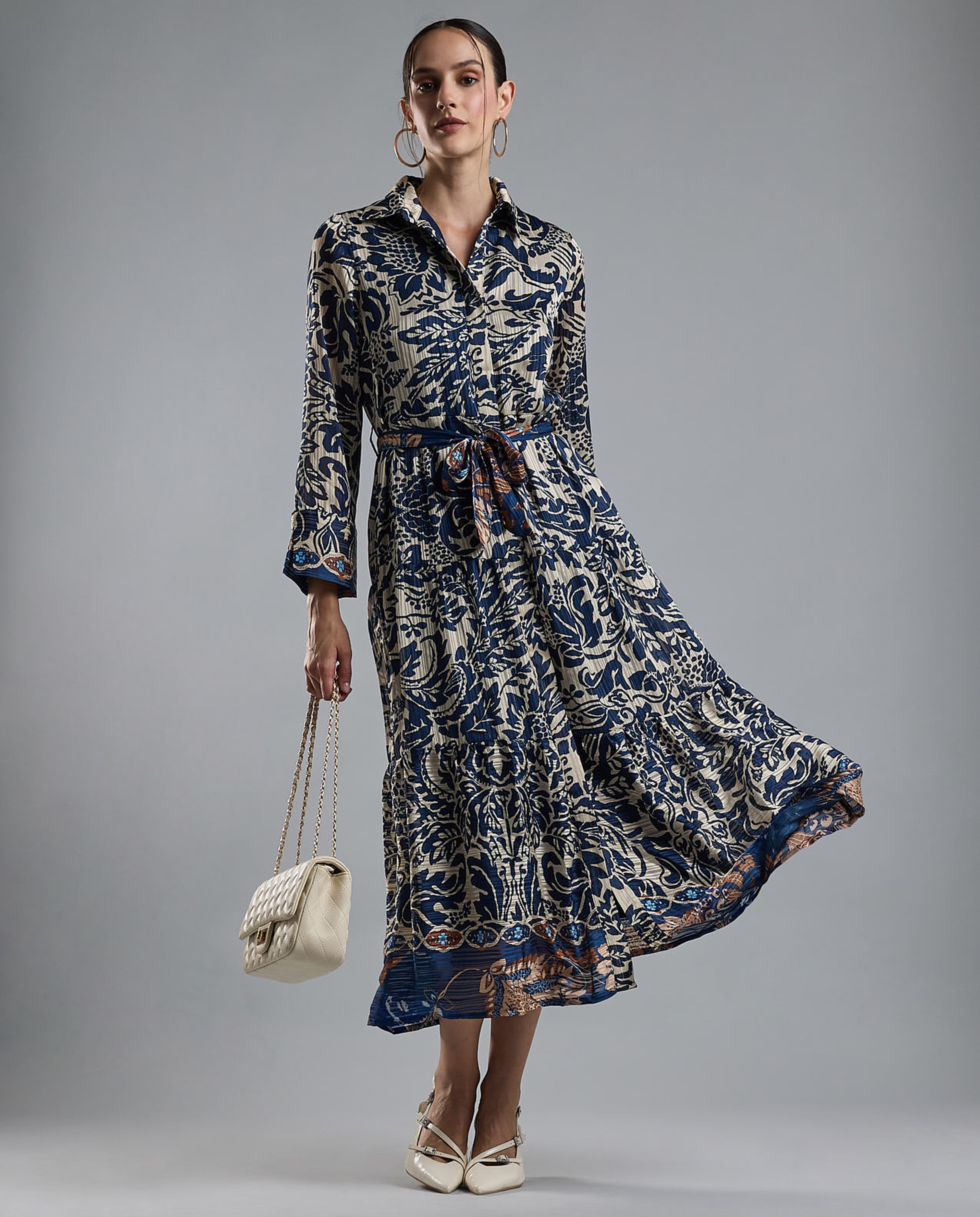Patterned Shirt Dress with Long Sleeves