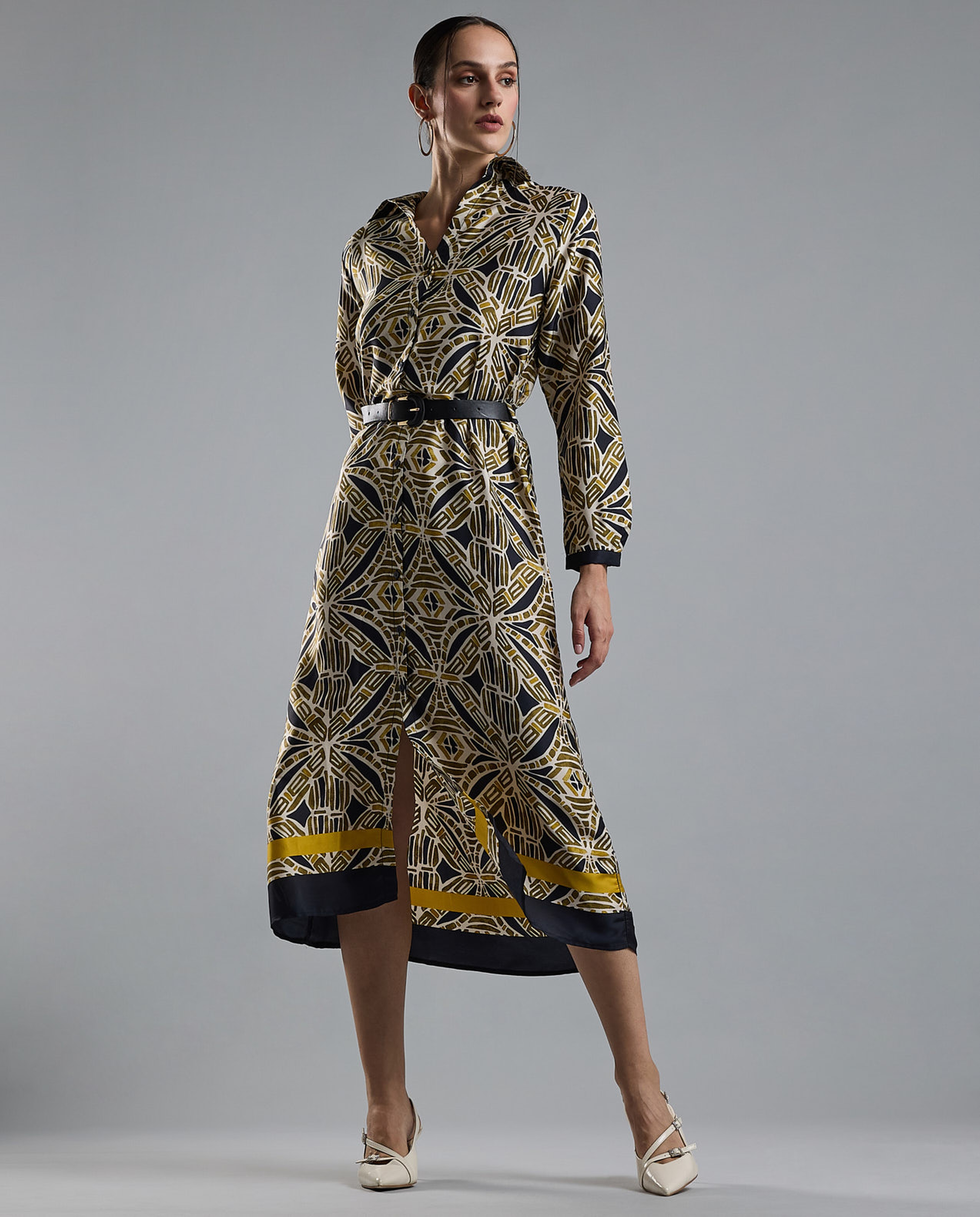 Patterned Shirt Dress with Long Sleeves