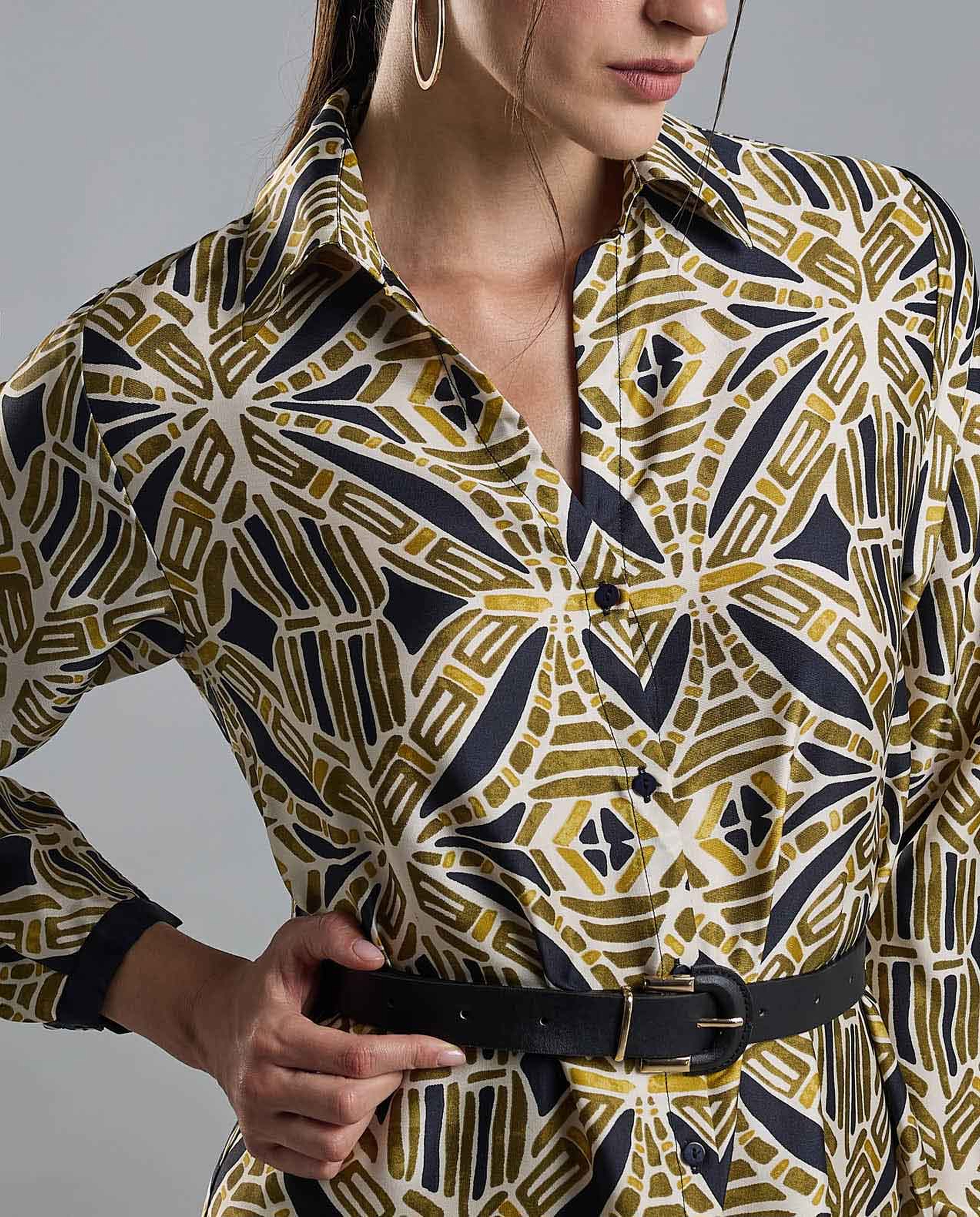 Patterned Shirt Dress with Long Sleeves