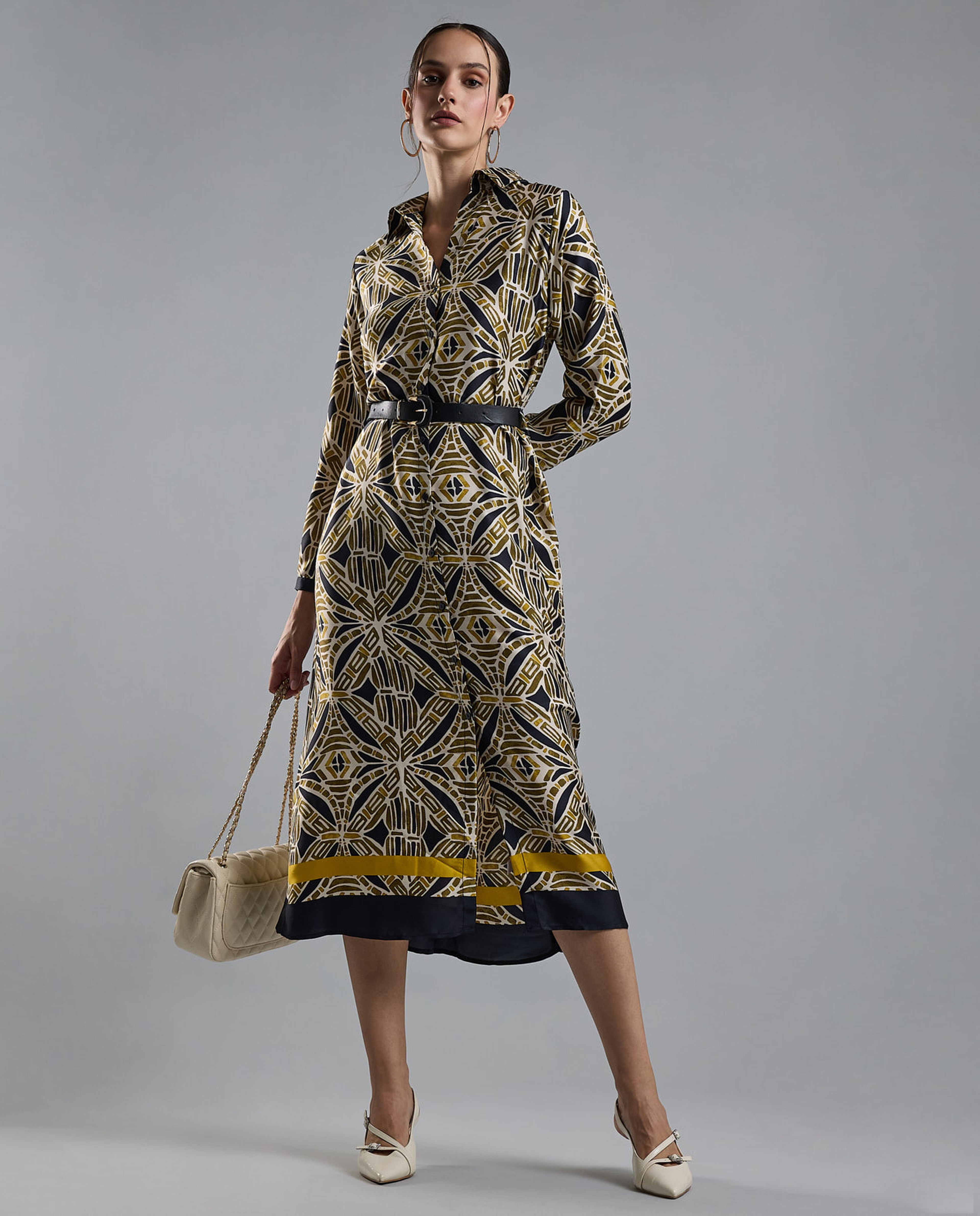 Patterned Shirt Dress with Long Sleeves