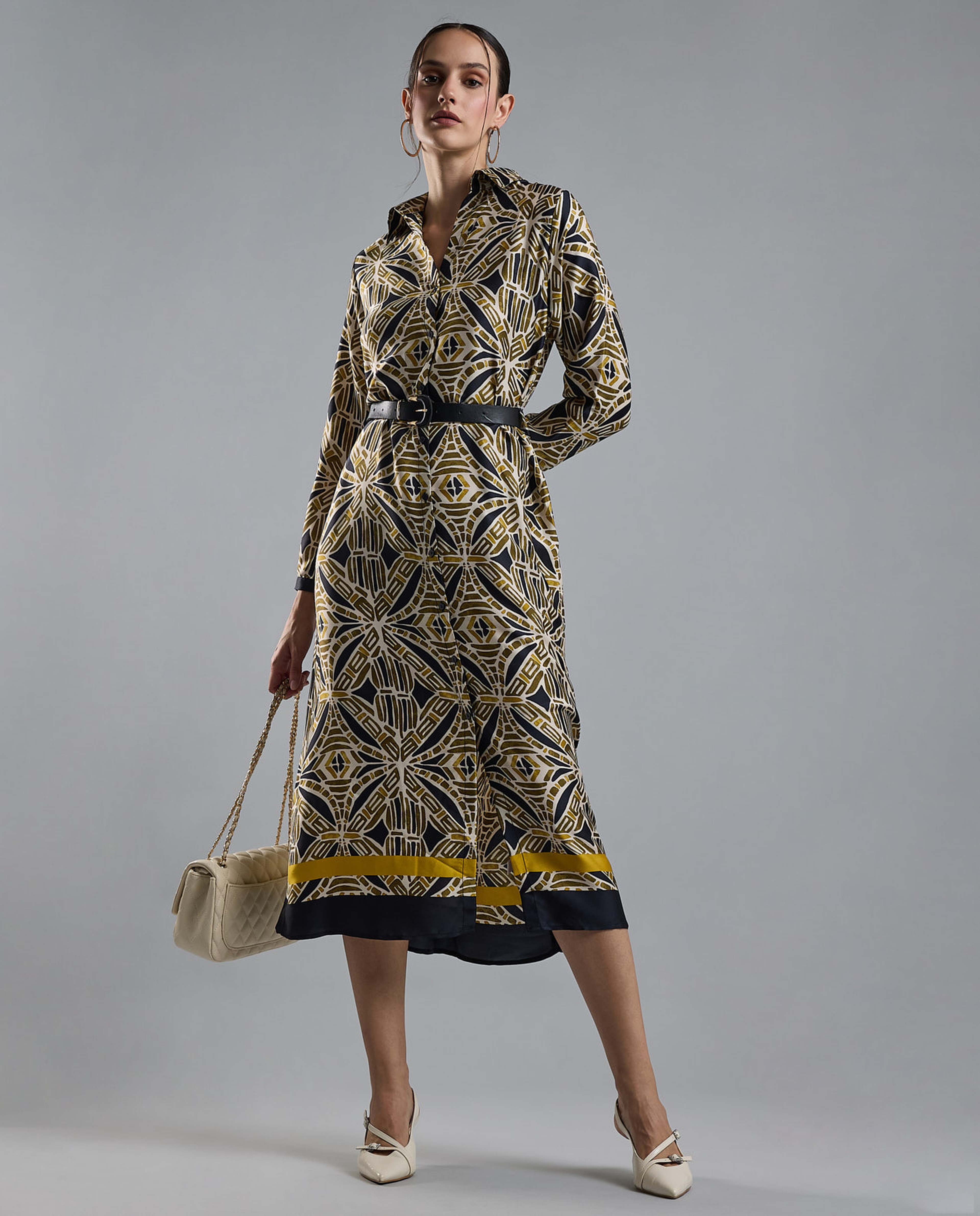 Patterned Shirt Dress with Long Sleeves