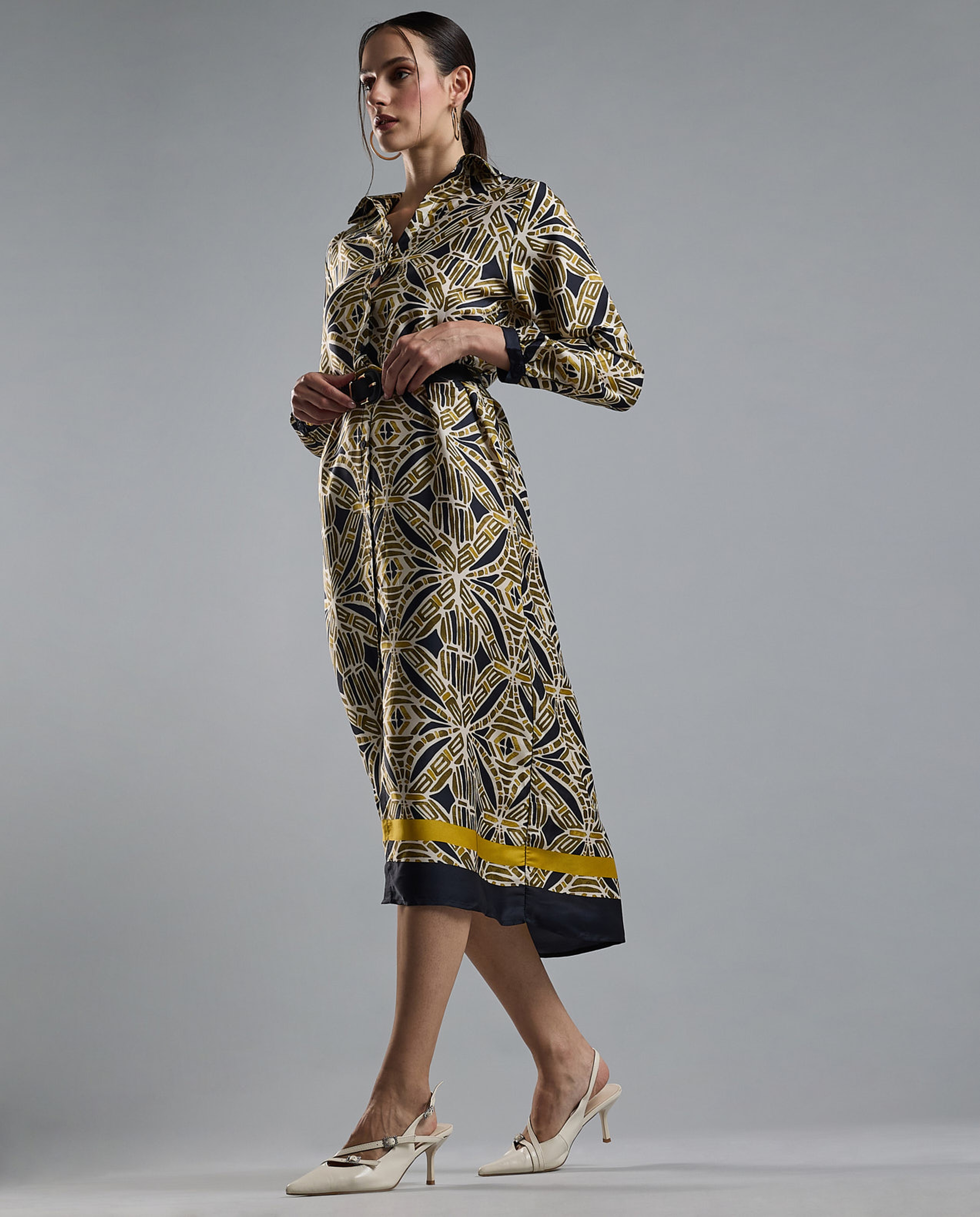 Patterned Shirt Dress with Long Sleeves