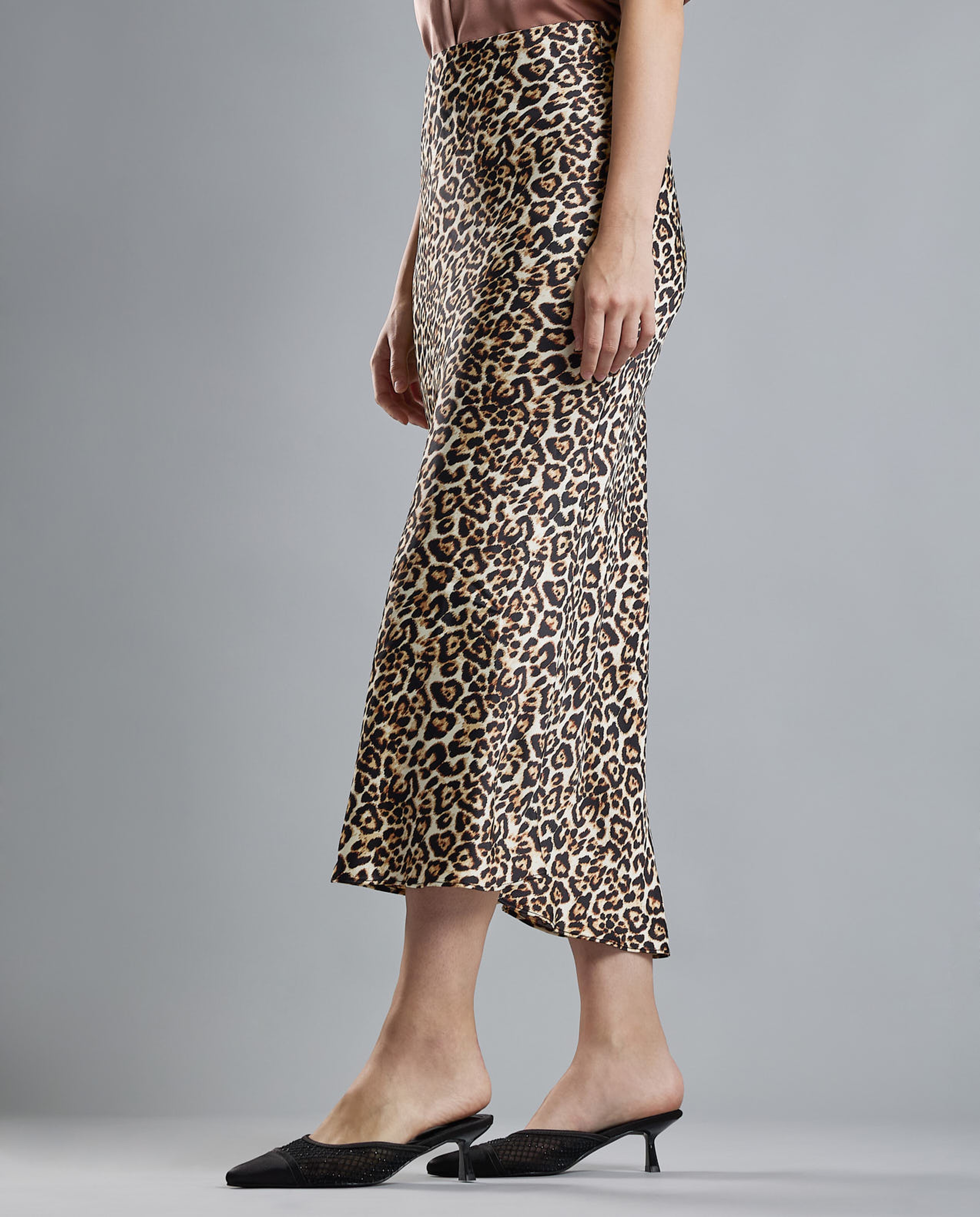 Animal Patterned Midi Skirt with Zipper Closure