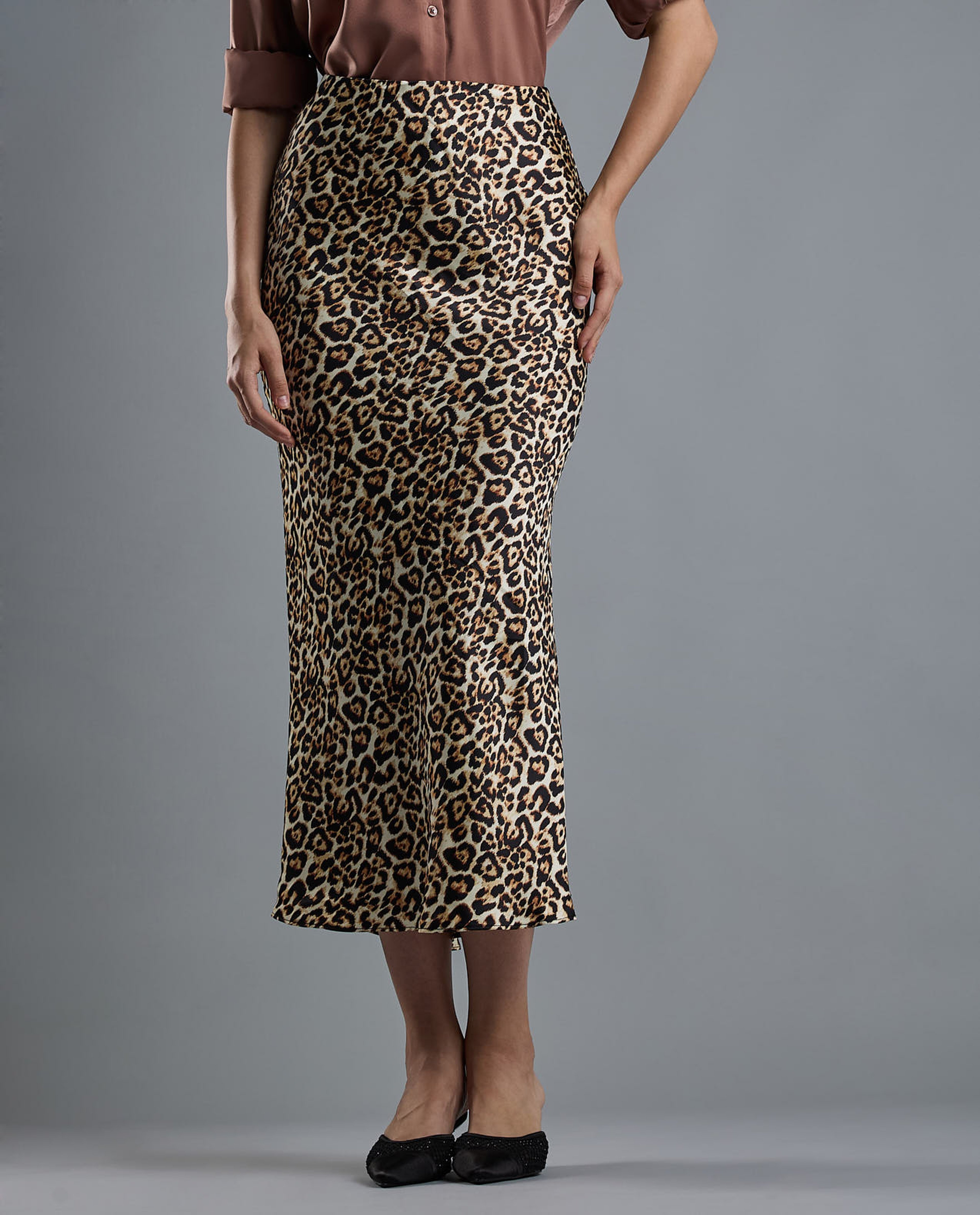 Animal Patterned Midi Skirt with Zipper Closure