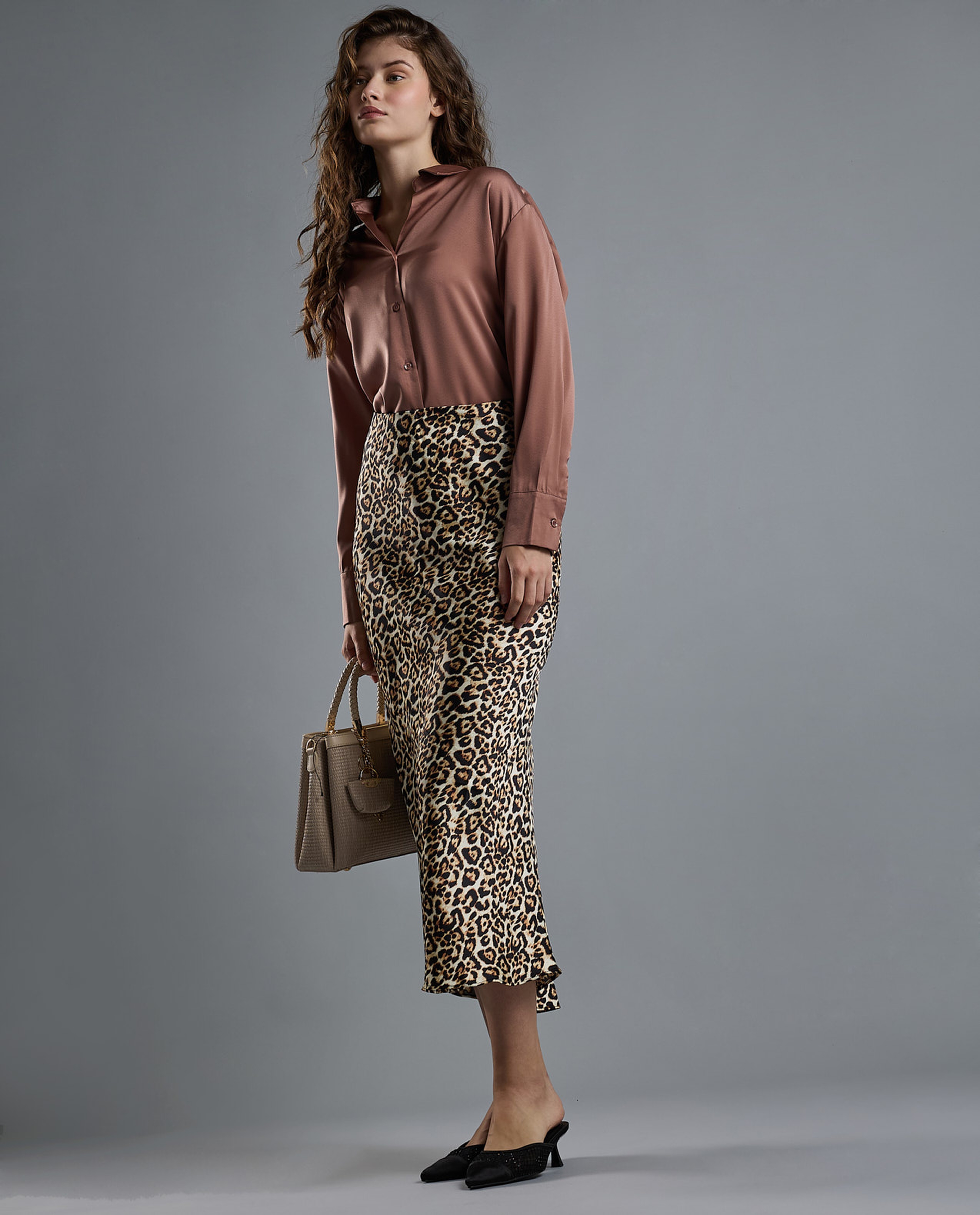 Animal Patterned Midi Skirt with Zipper Closure