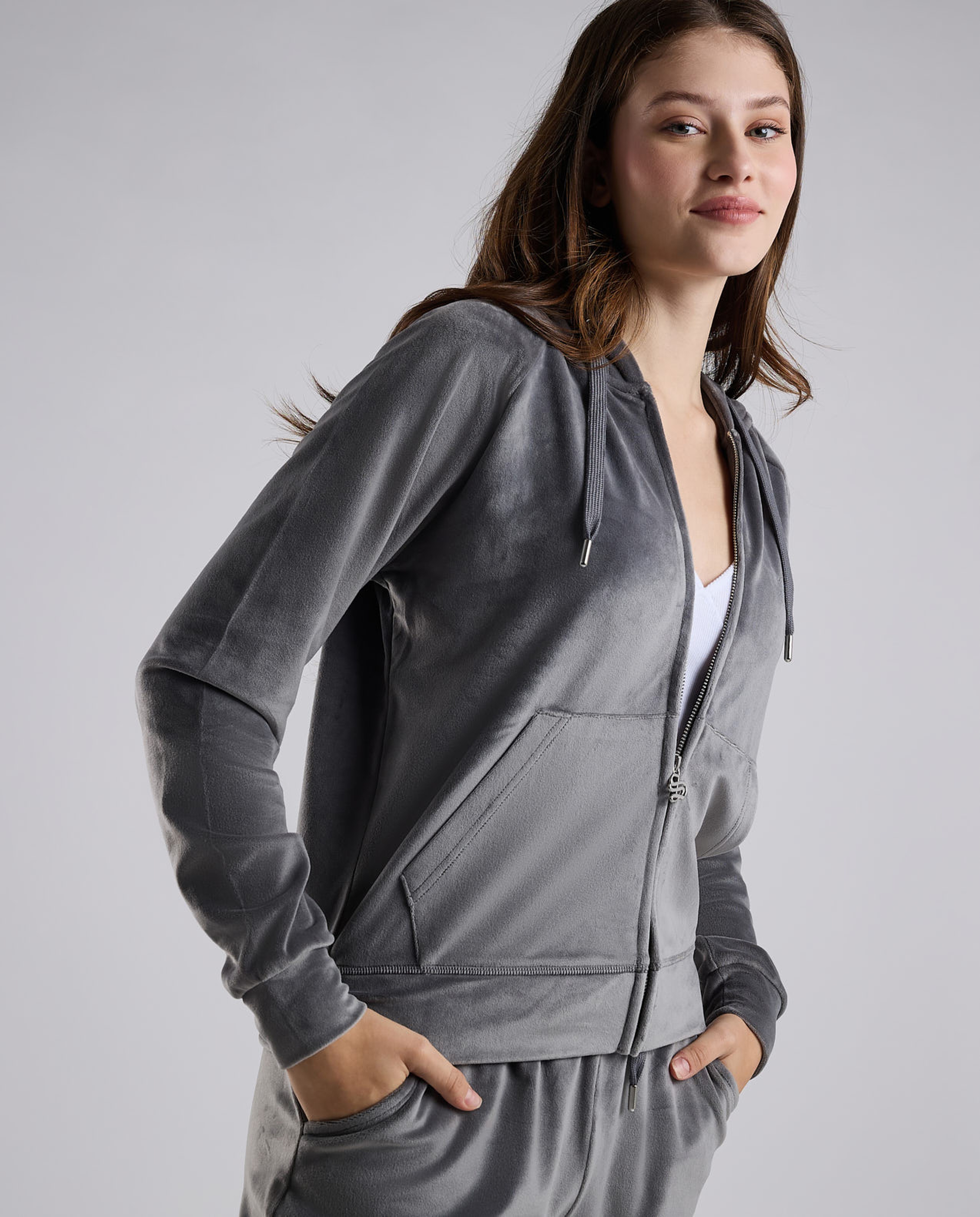 Solid Hooded Jacket with Zipper Closure