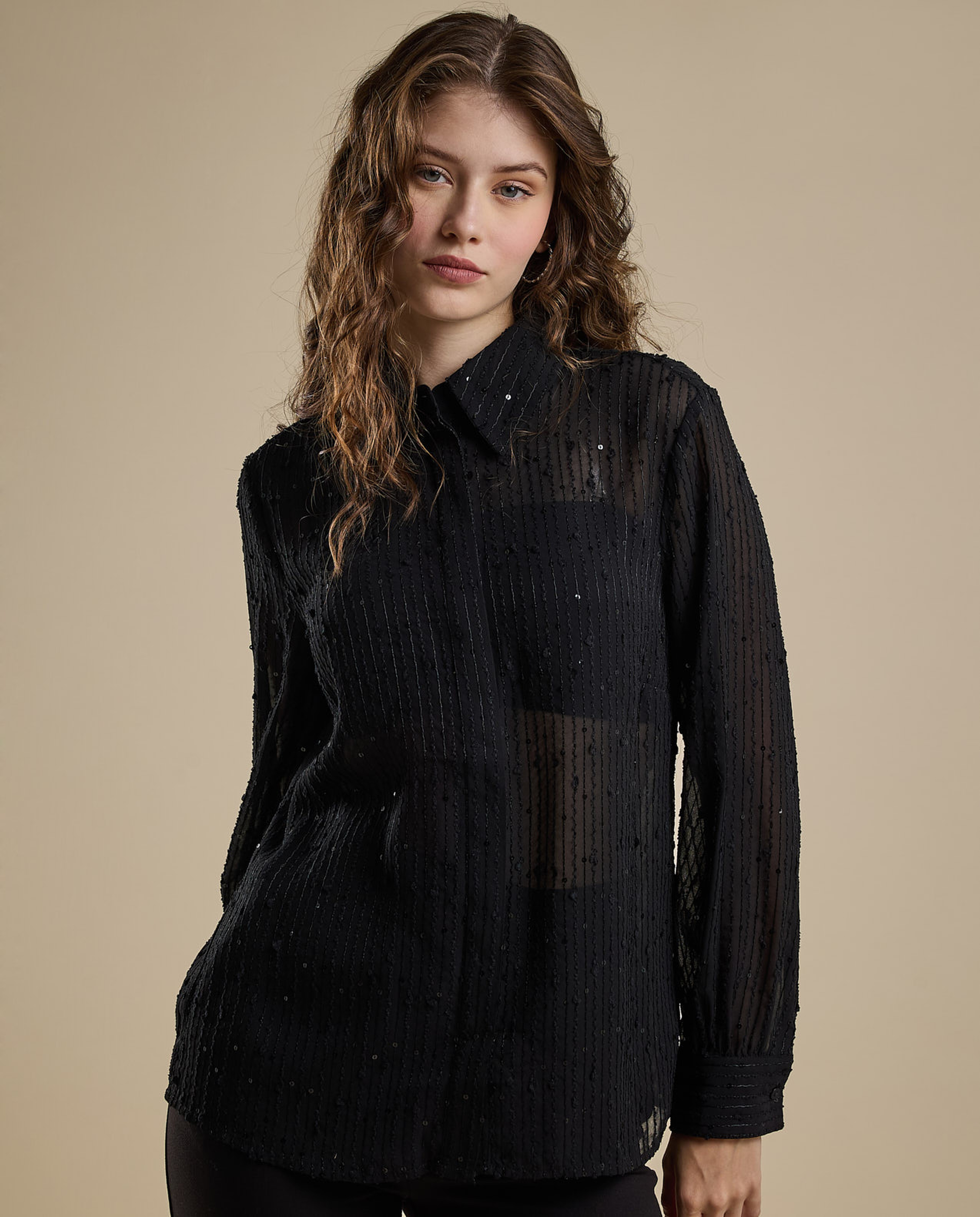 Embroidered Shirt with Classic Collar and Long Sleeves