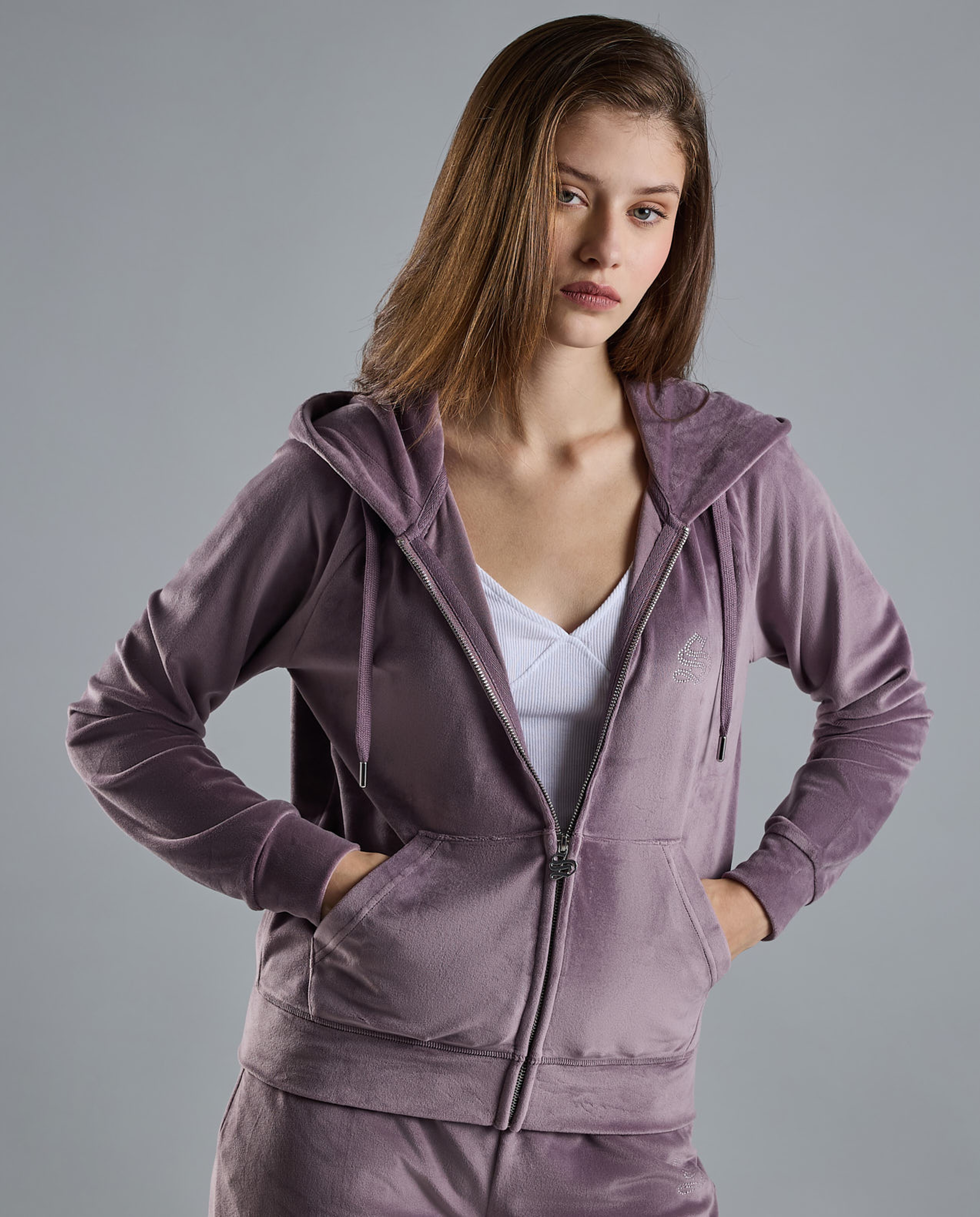 Solid Hooded Jacket with Zipper Closure