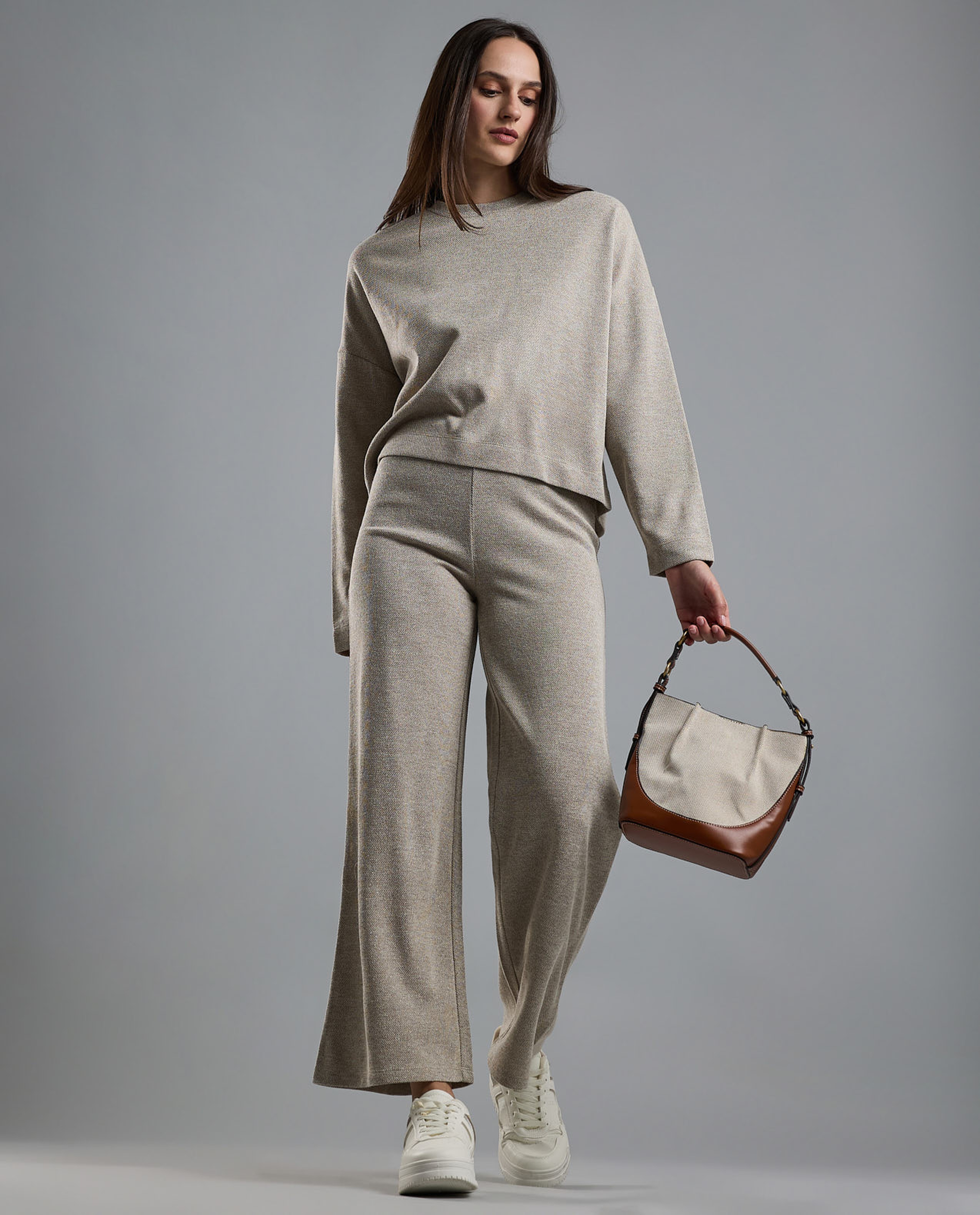Textured Knit Pants with Elastic Waist