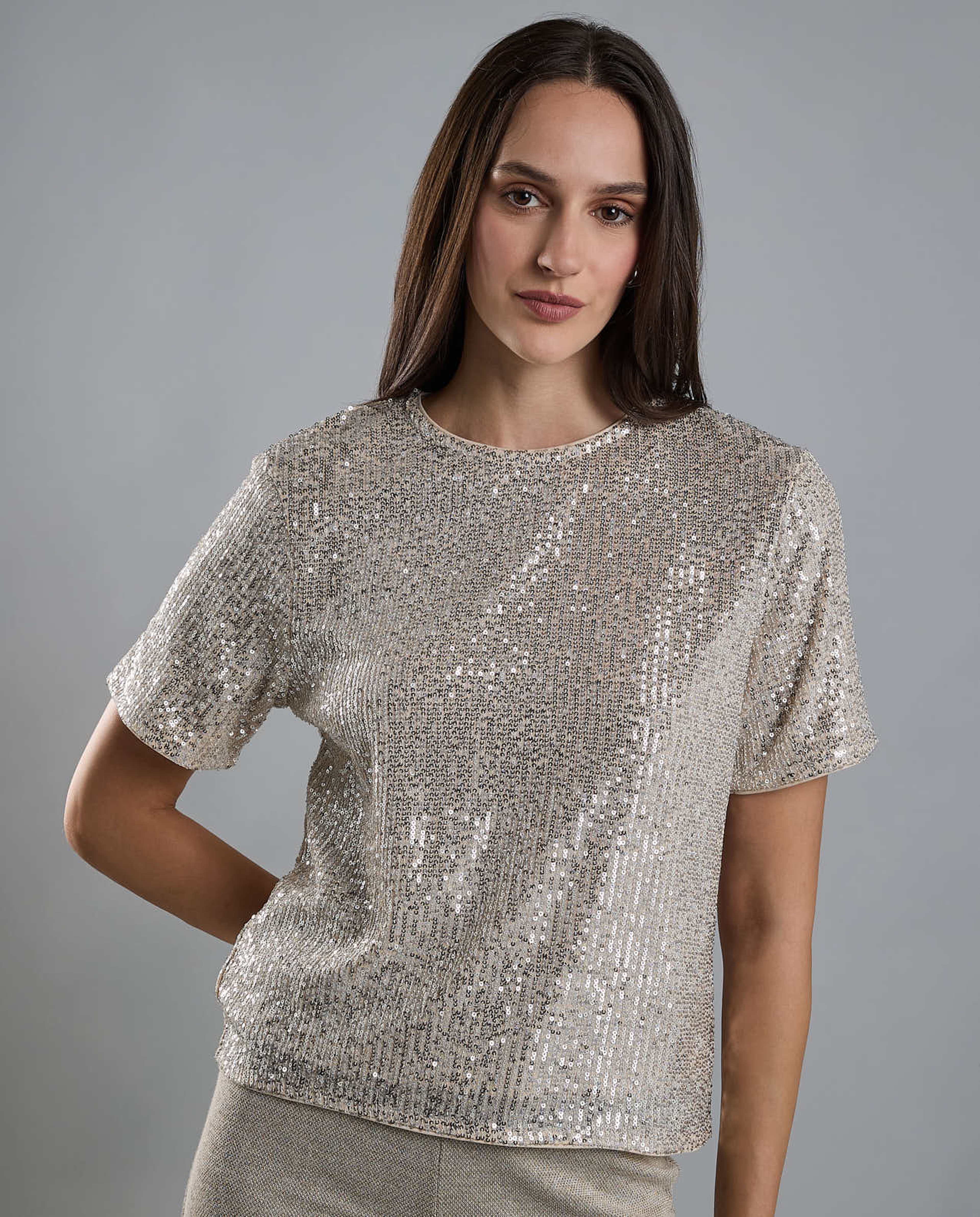 Sequins Top with Crew Neck and Short Sleeves