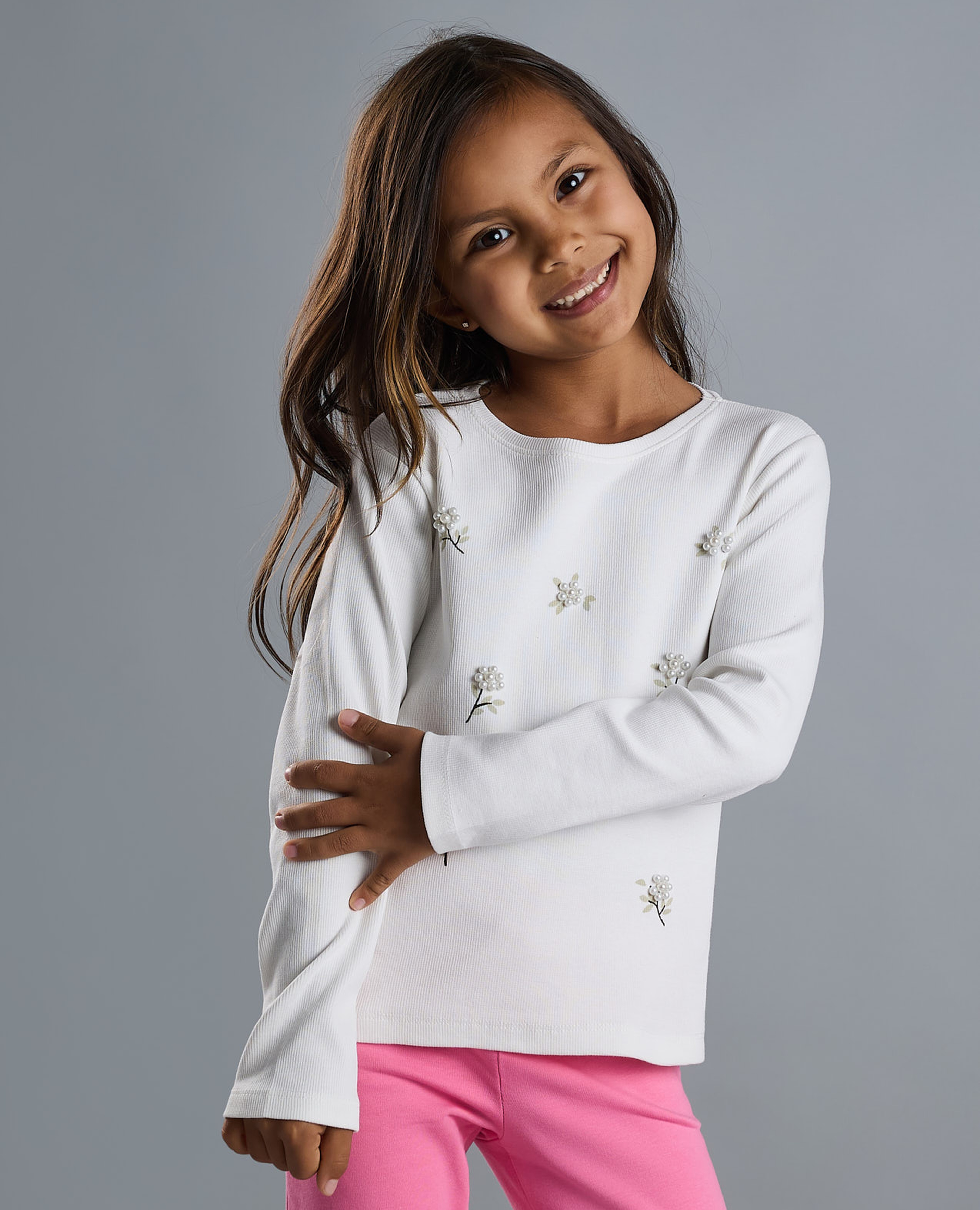 Embroidered T-Shirt with Crew Neck and Long Sleeves