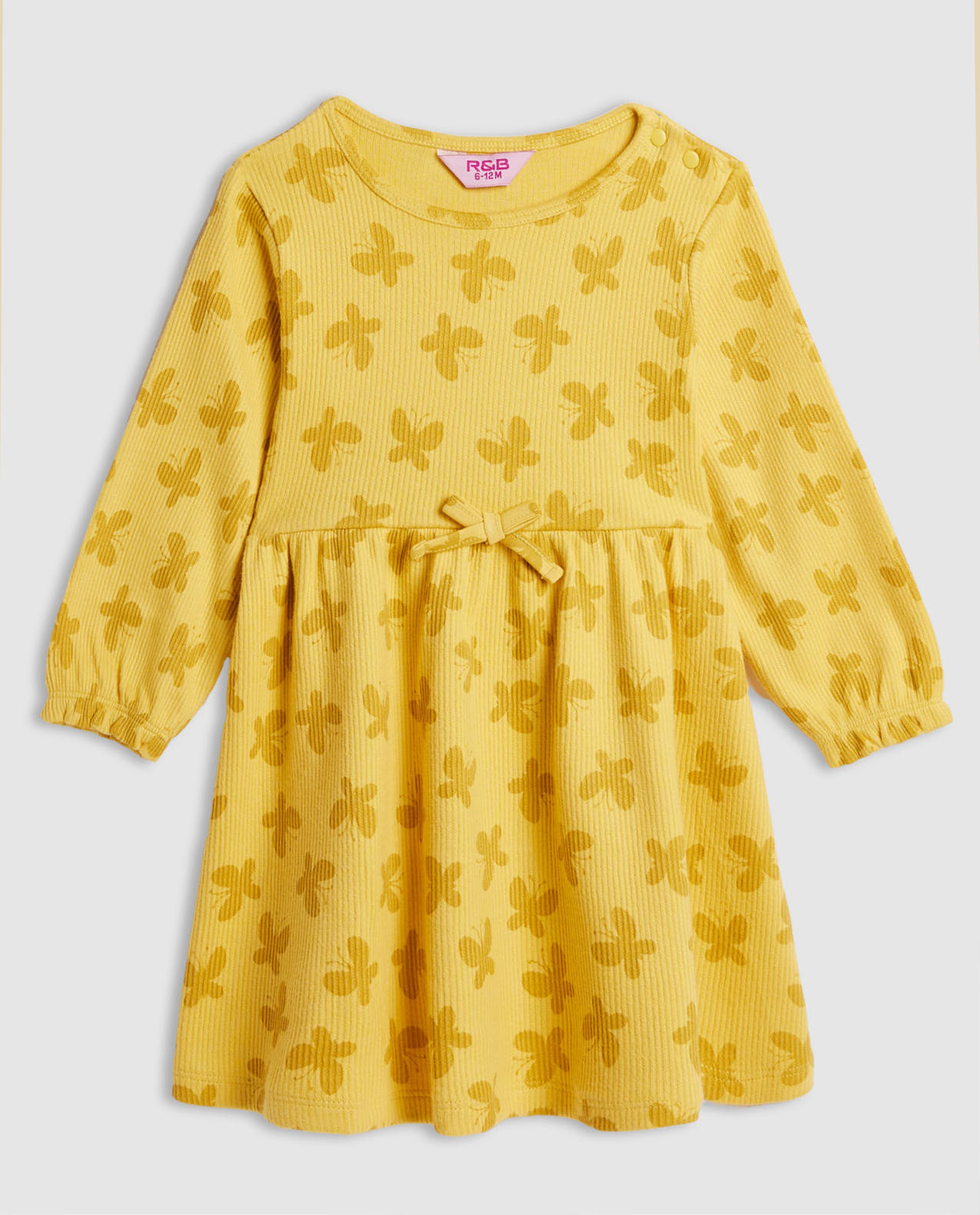 Printed Fit and Flare Dress with Long Sleeves