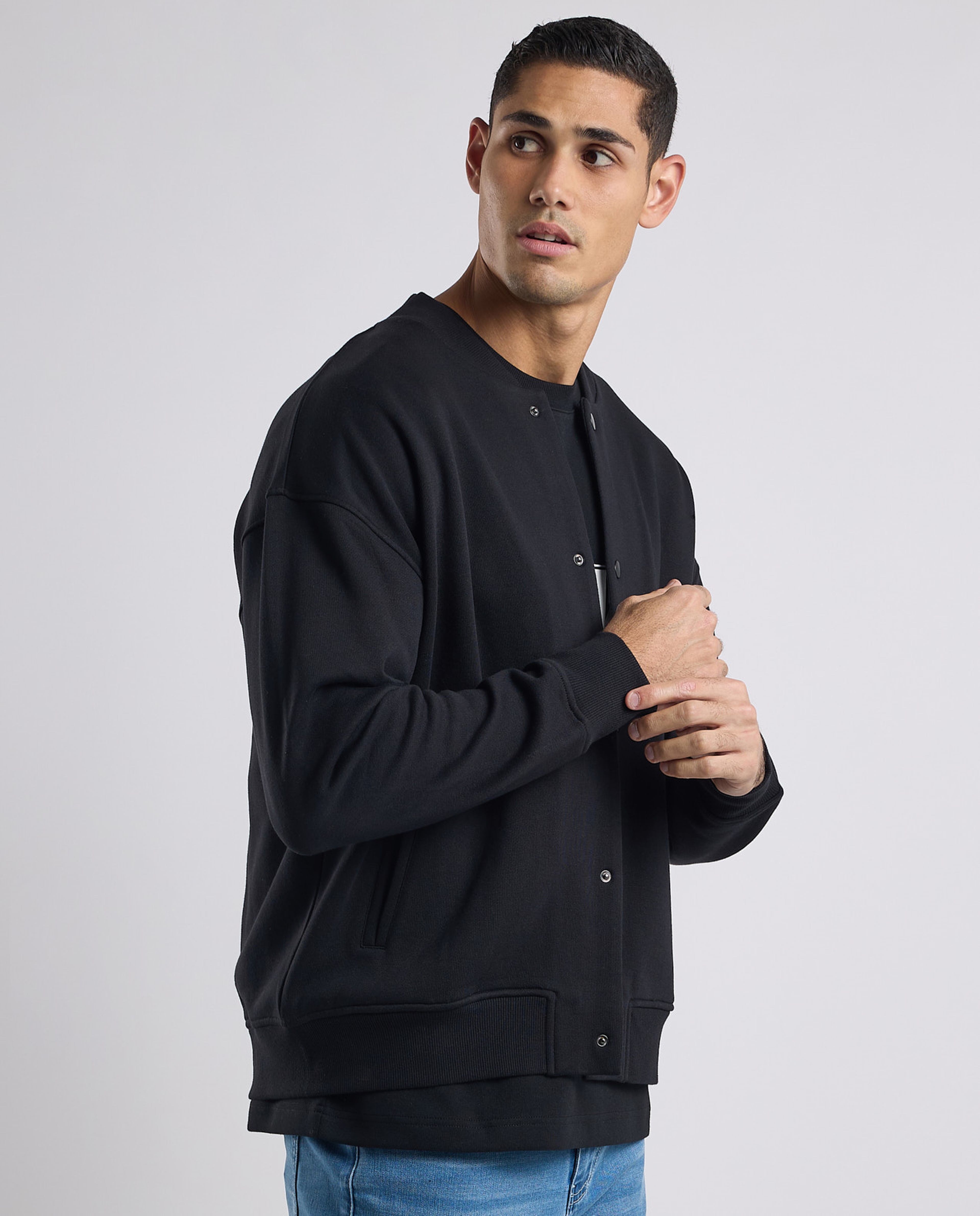 Solid Bomber Jacket with Zipper Closure