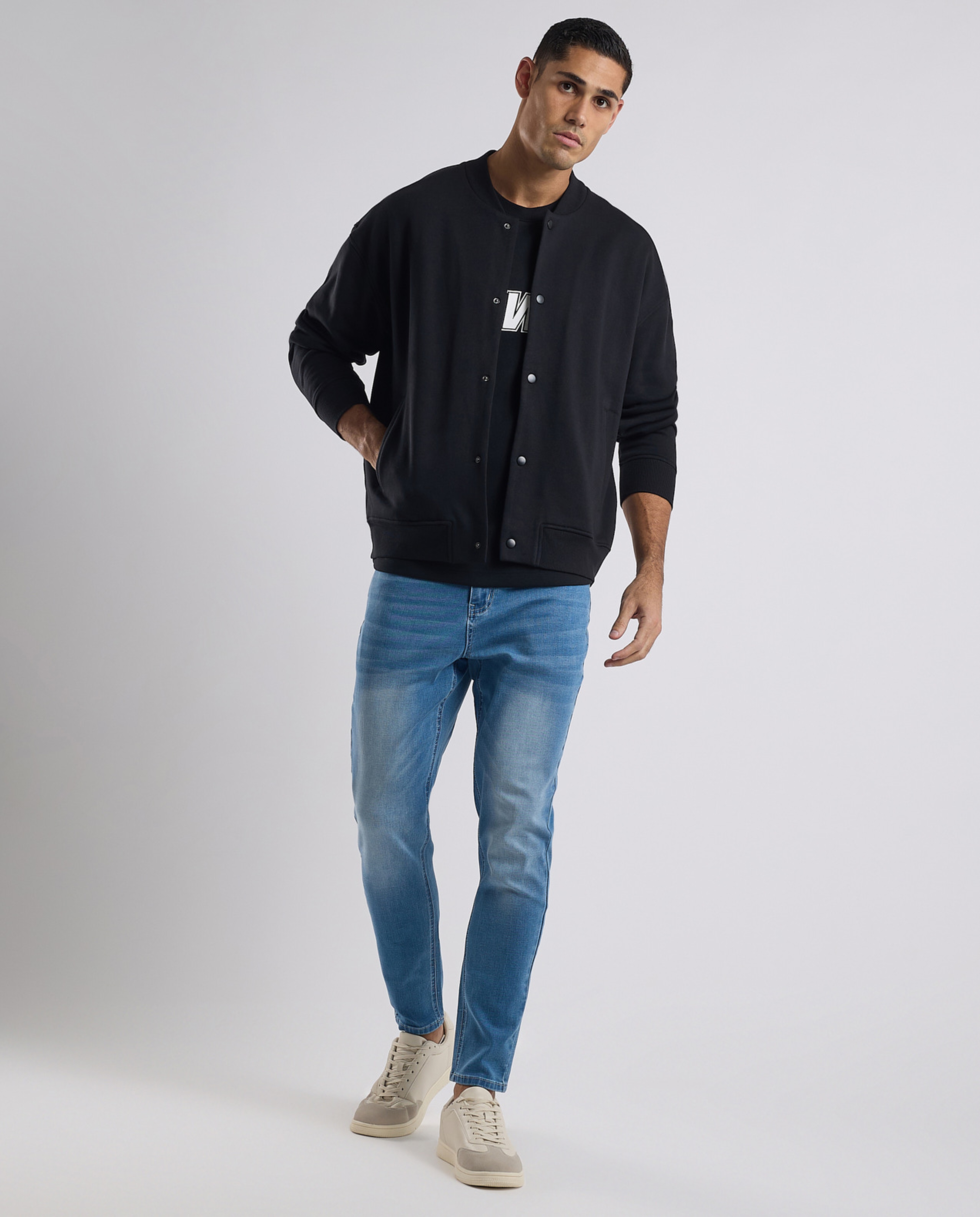 Solid Bomber Jacket with Zipper Closure